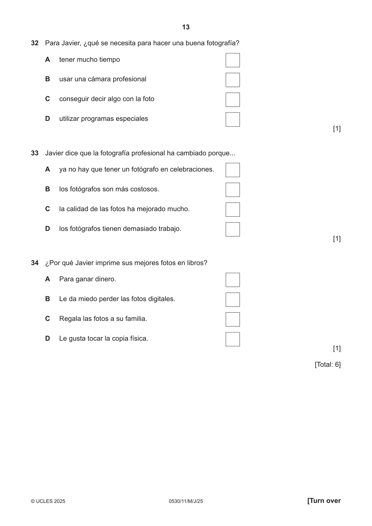 Cambridge IGCSE Spanish - Foreign Language 0530 2025 May/June Paper 1 · Variant 1 question paper, page 13 of 16