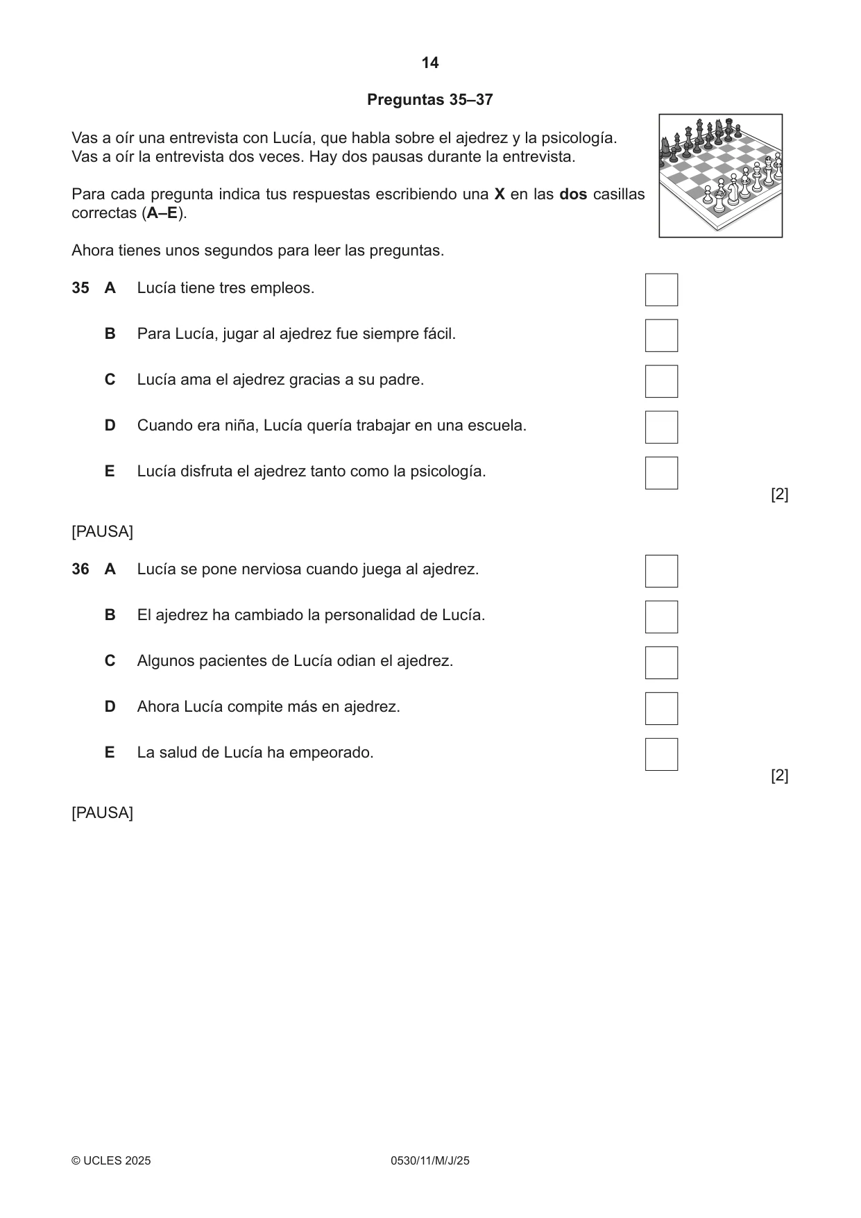 Cambridge IGCSE Spanish - Foreign Language 0530 2025 May/June Paper 1 · Variant 1 question paper, page 14 of 16