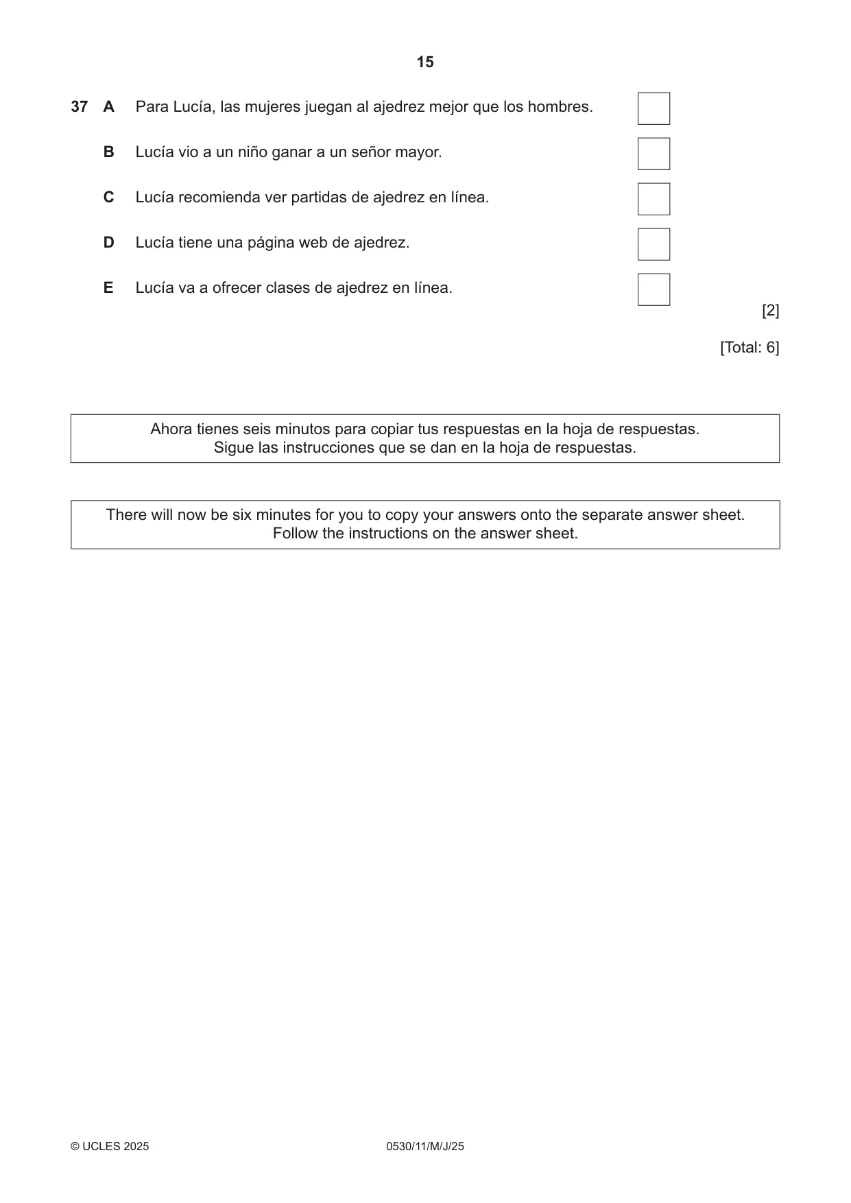 Cambridge IGCSE Spanish - Foreign Language 0530 2025 May/June Paper 1 · Variant 1 question paper, page 15 of 16