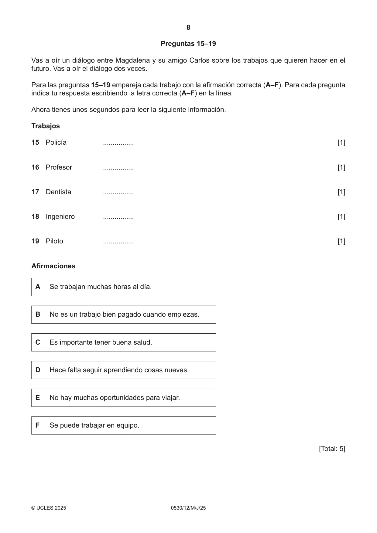Cambridge IGCSE Spanish - Foreign Language 0530 2025 May/June Paper 1 · Variant 2 question paper, page 8 of 16