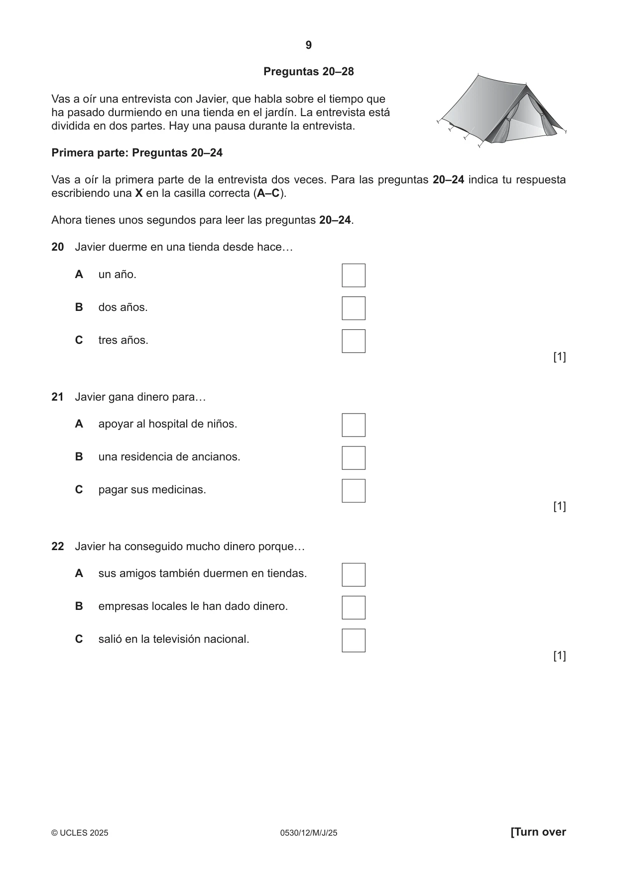 Cambridge IGCSE Spanish - Foreign Language 0530 2025 May/June Paper 1 · Variant 2 question paper, page 9 of 16