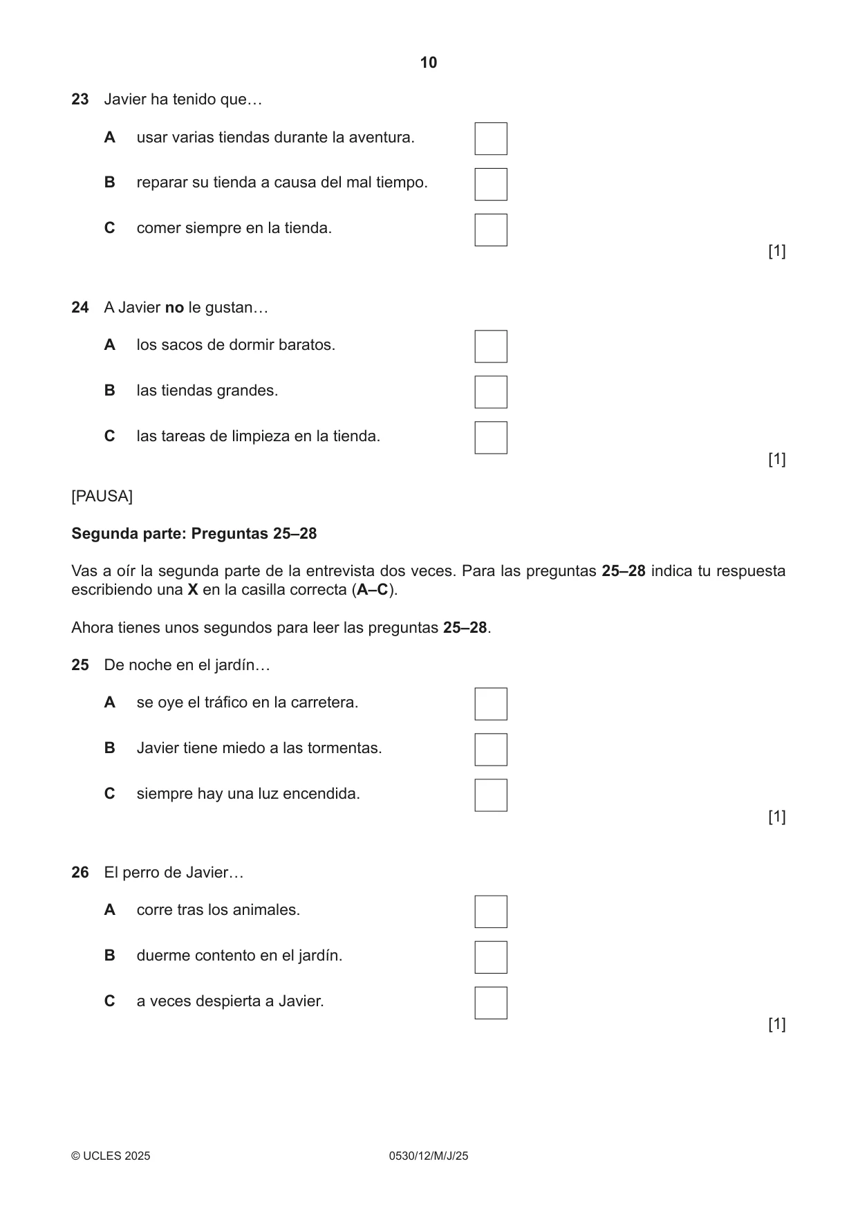 Cambridge IGCSE Spanish - Foreign Language 0530 2025 May/June Paper 1 · Variant 2 question paper, page 10 of 16