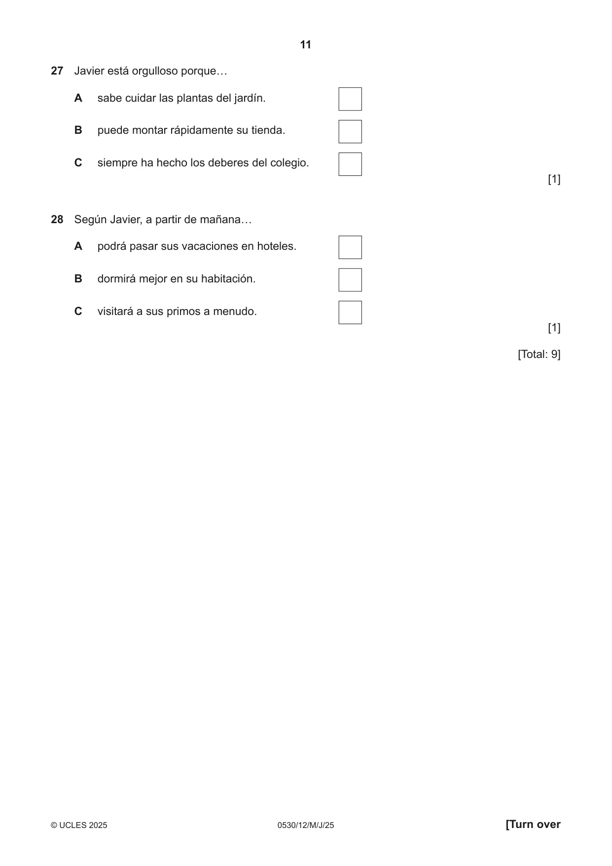 Cambridge IGCSE Spanish - Foreign Language 0530 2025 May/June Paper 1 · Variant 2 question paper, page 11 of 16
