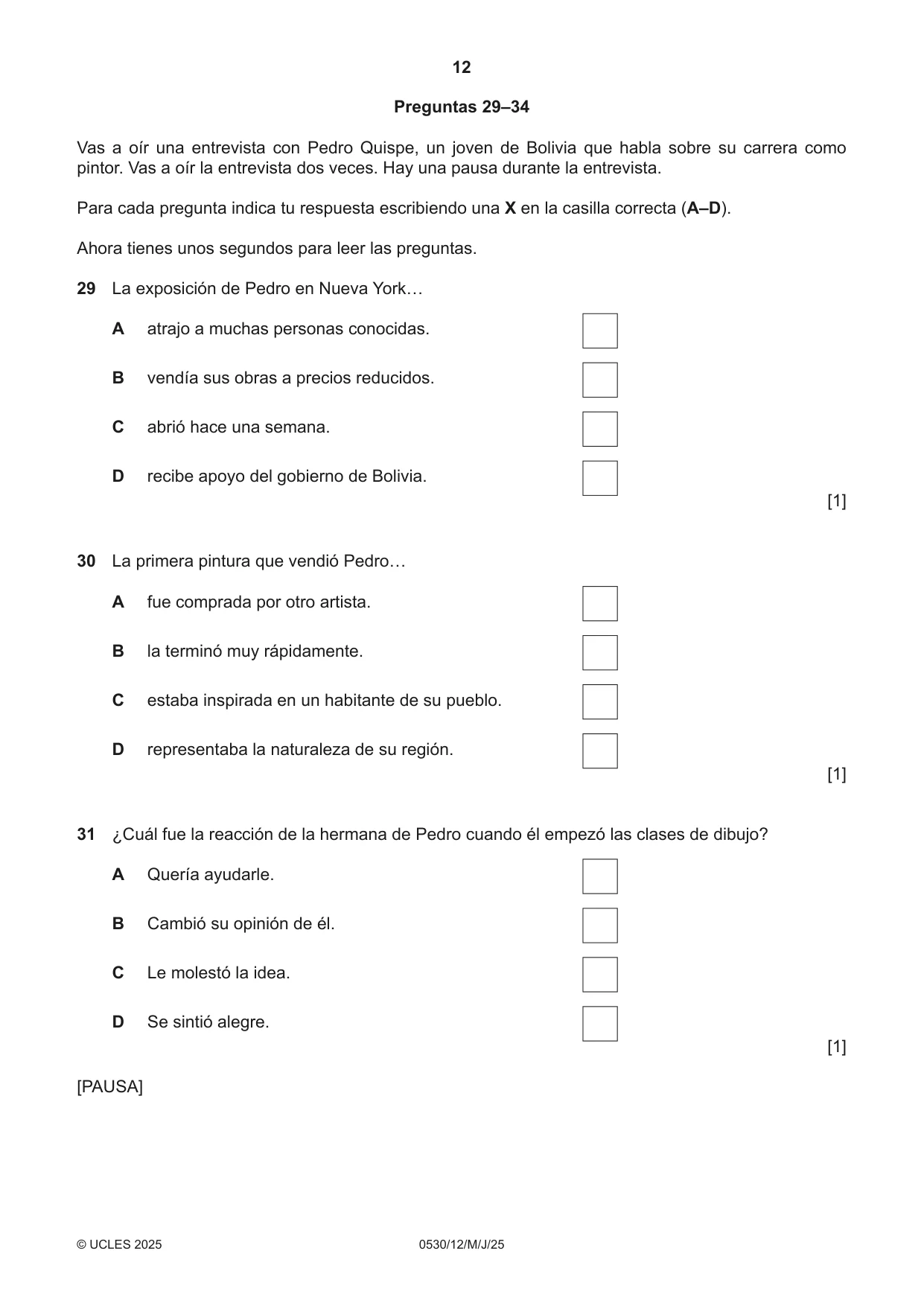 Cambridge IGCSE Spanish - Foreign Language 0530 2025 May/June Paper 1 · Variant 2 question paper, page 12 of 16