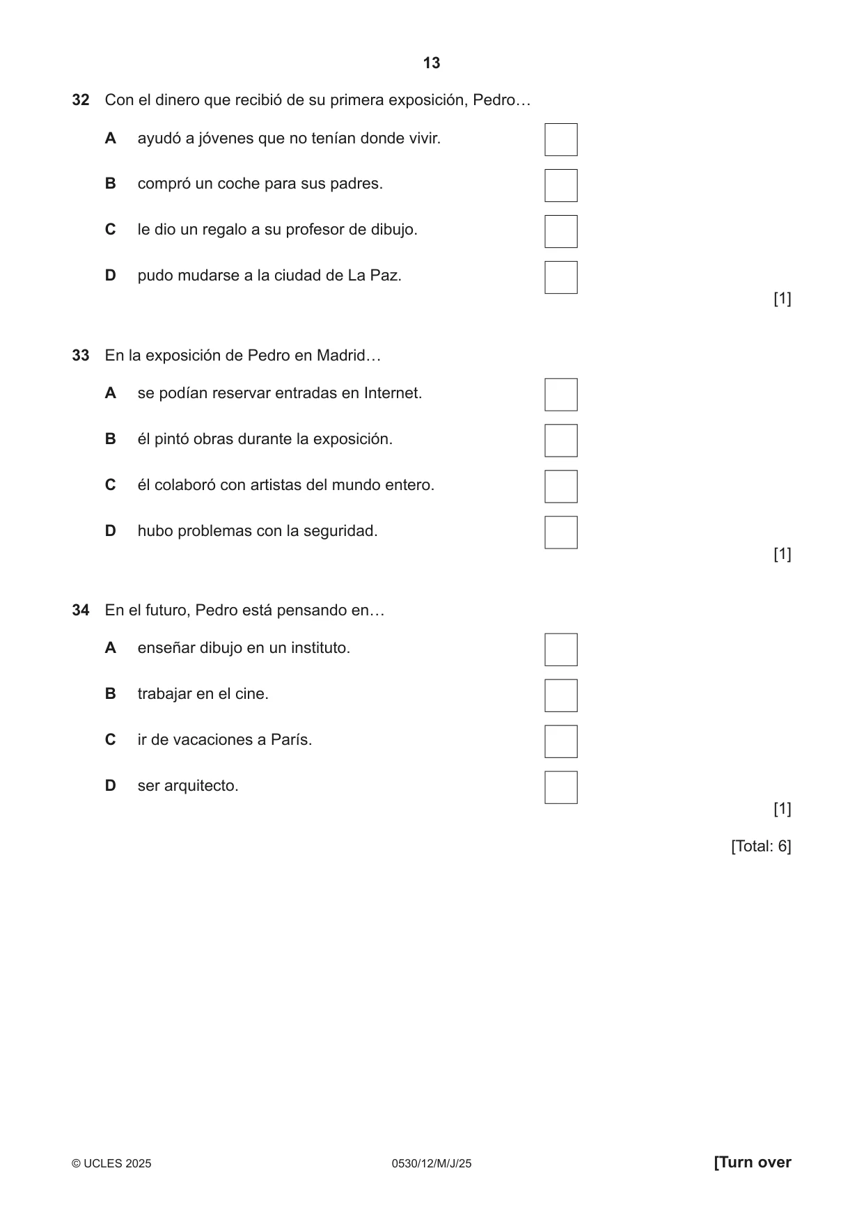Cambridge IGCSE Spanish - Foreign Language 0530 2025 May/June Paper 1 · Variant 2 question paper, page 13 of 16