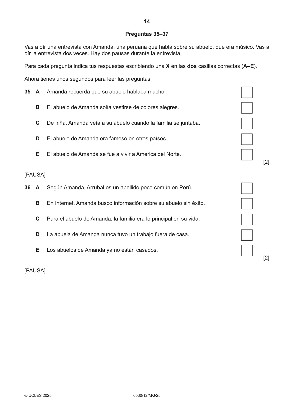 Cambridge IGCSE Spanish - Foreign Language 0530 2025 May/June Paper 1 · Variant 2 question paper, page 14 of 16