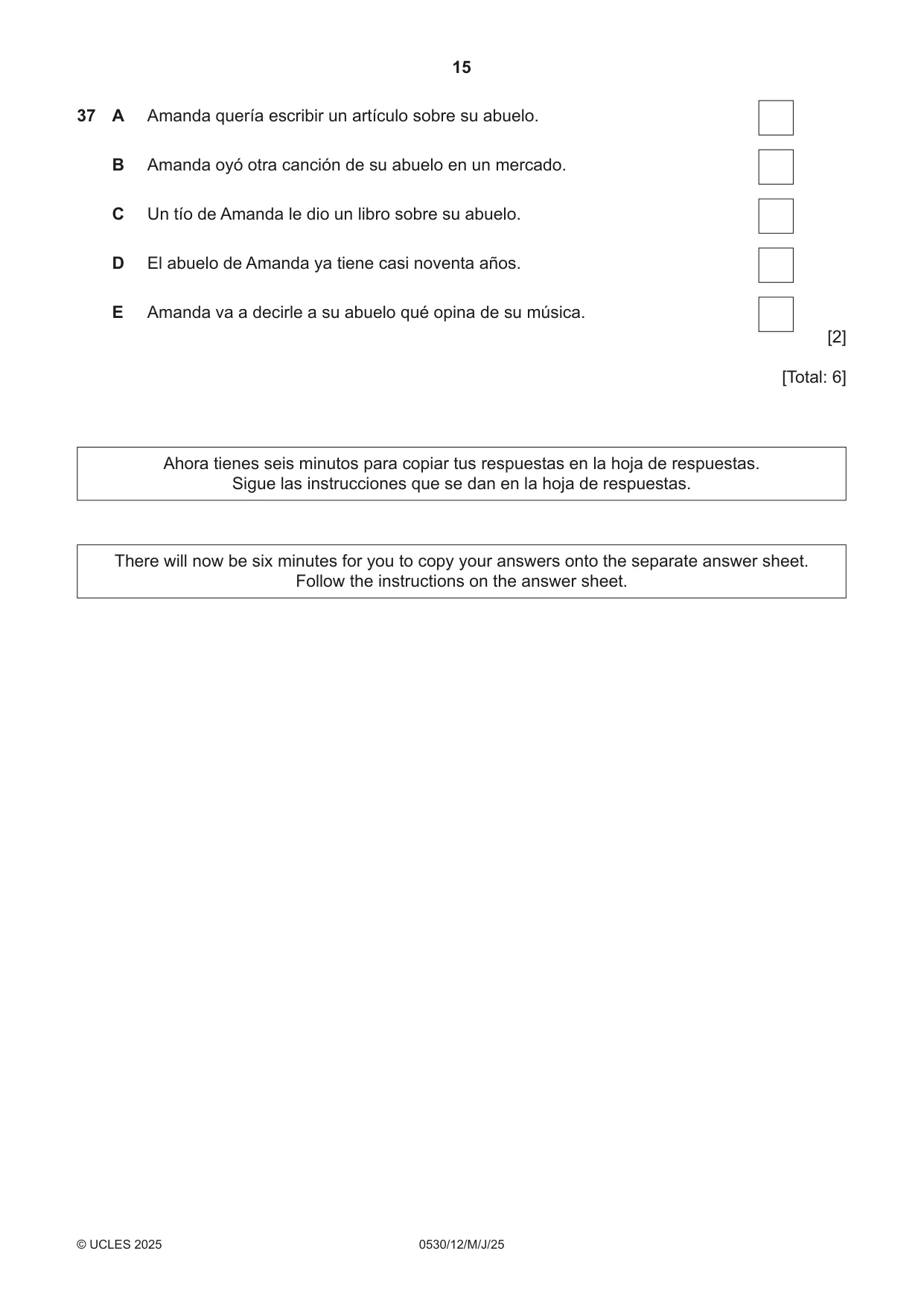 Cambridge IGCSE Spanish - Foreign Language 0530 2025 May/June Paper 1 · Variant 2 question paper, page 15 of 16