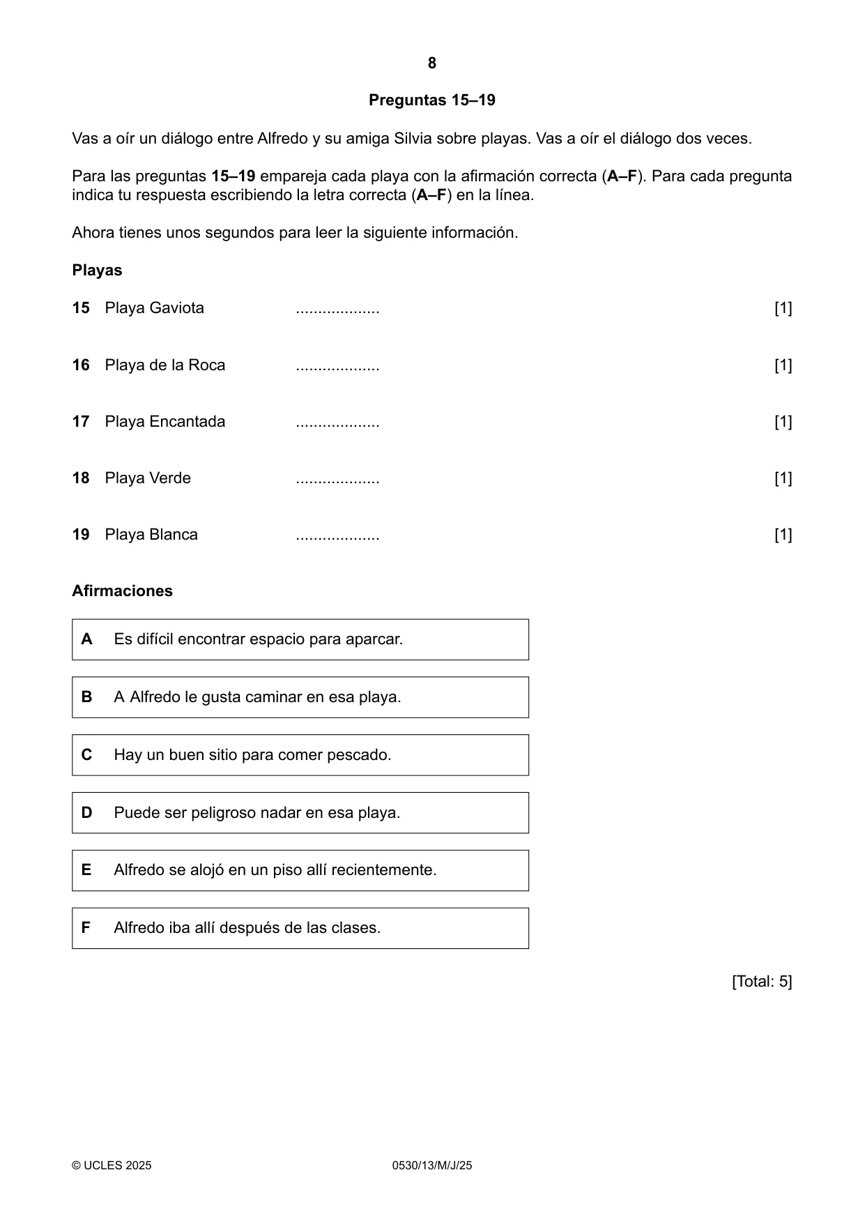 Cambridge IGCSE Spanish - Foreign Language 0530 2025 May/June Paper 1 · Variant 3 question paper, page 8 of 16