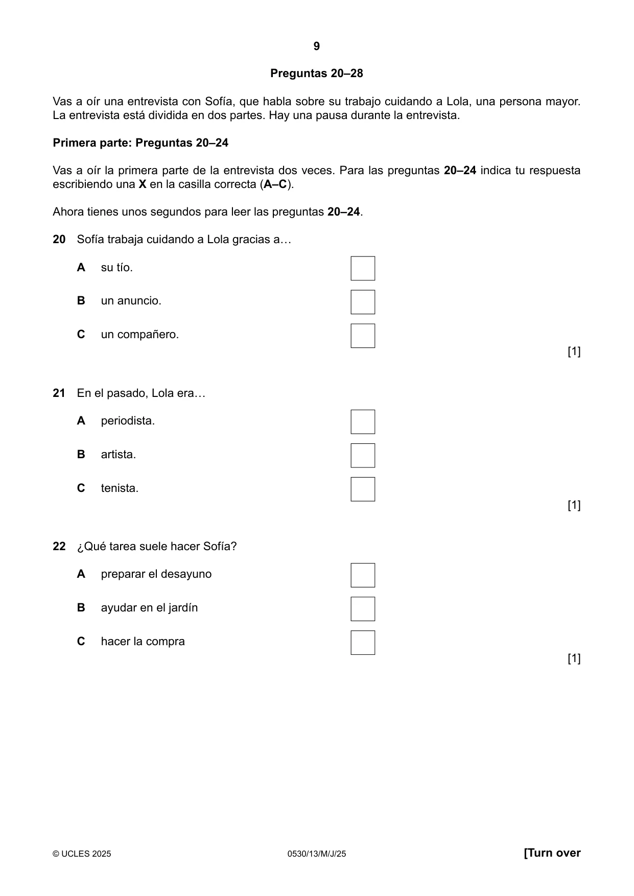 Cambridge IGCSE Spanish - Foreign Language 0530 2025 May/June Paper 1 · Variant 3 question paper, page 9 of 16