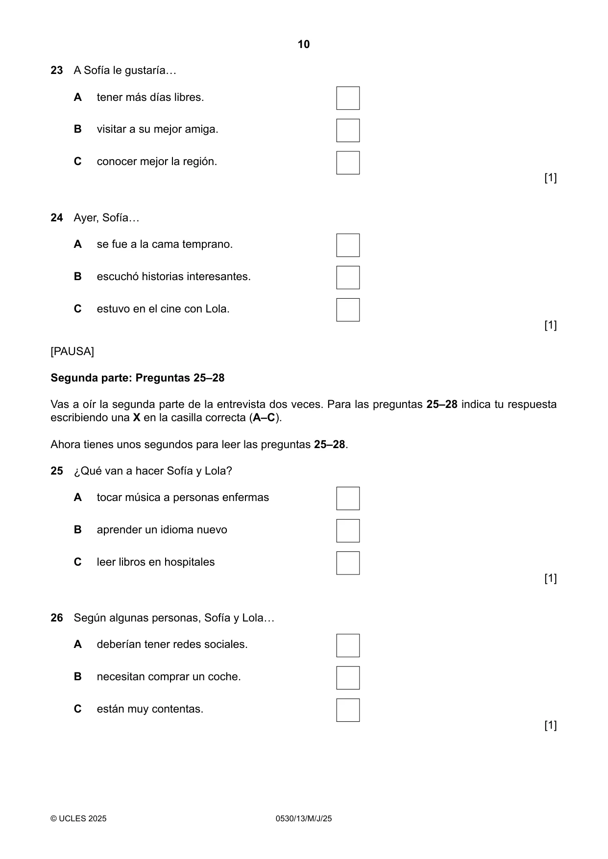 Cambridge IGCSE Spanish - Foreign Language 0530 2025 May/June Paper 1 · Variant 3 question paper, page 10 of 16