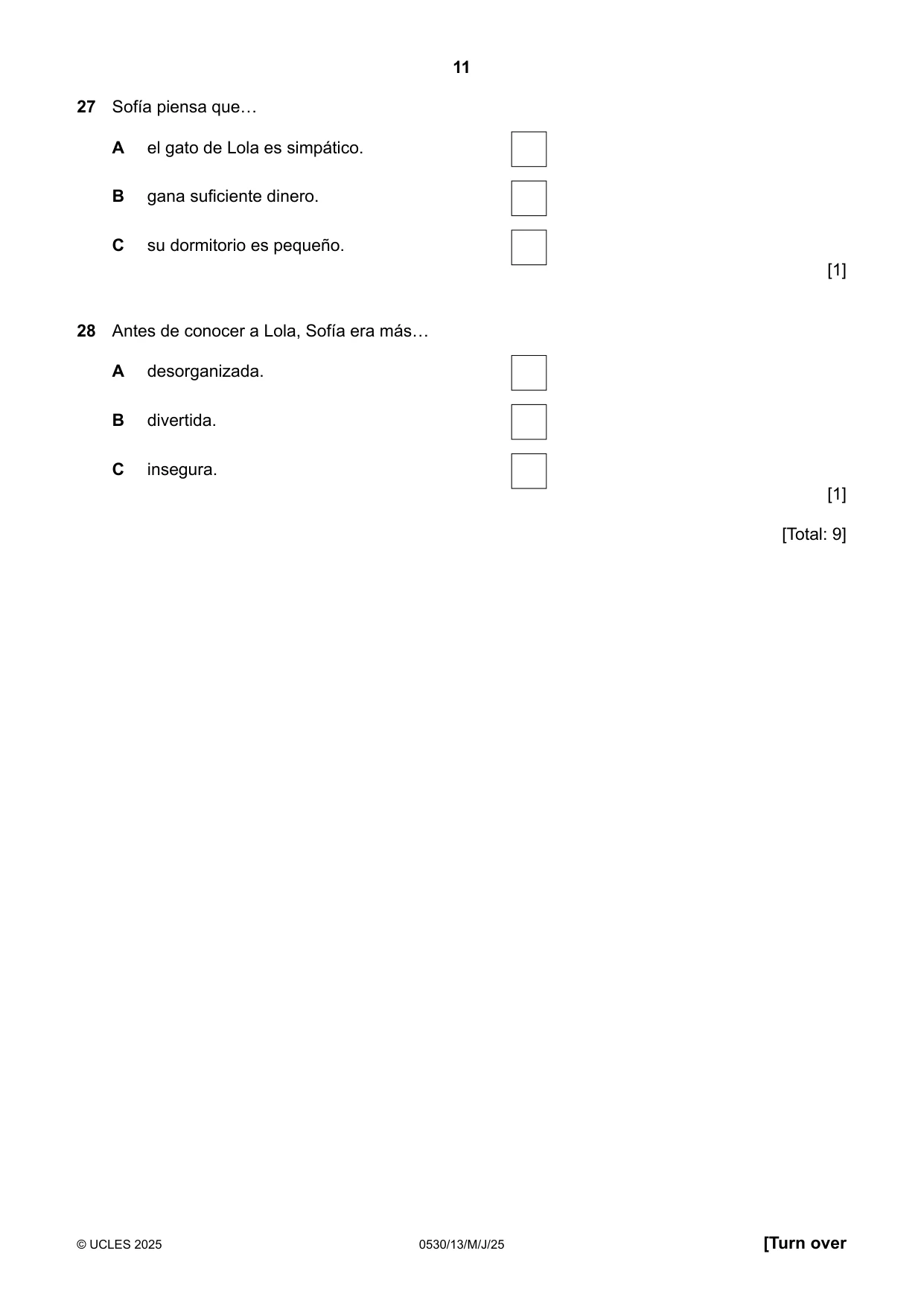 Cambridge IGCSE Spanish - Foreign Language 0530 2025 May/June Paper 1 · Variant 3 question paper, page 11 of 16