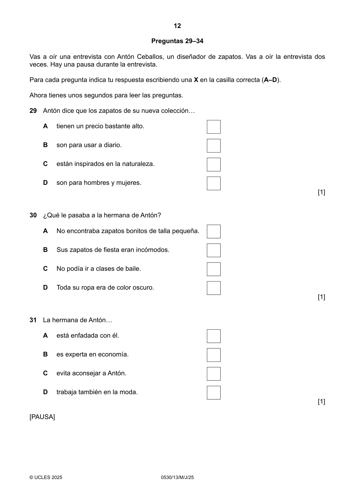 Cambridge IGCSE Spanish - Foreign Language 0530 2025 May/June Paper 1 · Variant 3 question paper, page 12 of 16