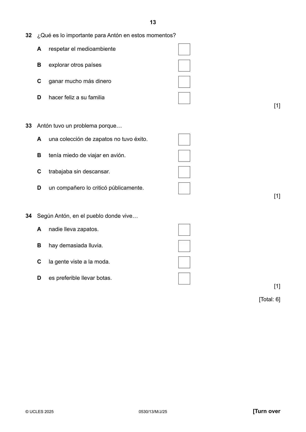 Cambridge IGCSE Spanish - Foreign Language 0530 2025 May/June Paper 1 · Variant 3 question paper, page 13 of 16