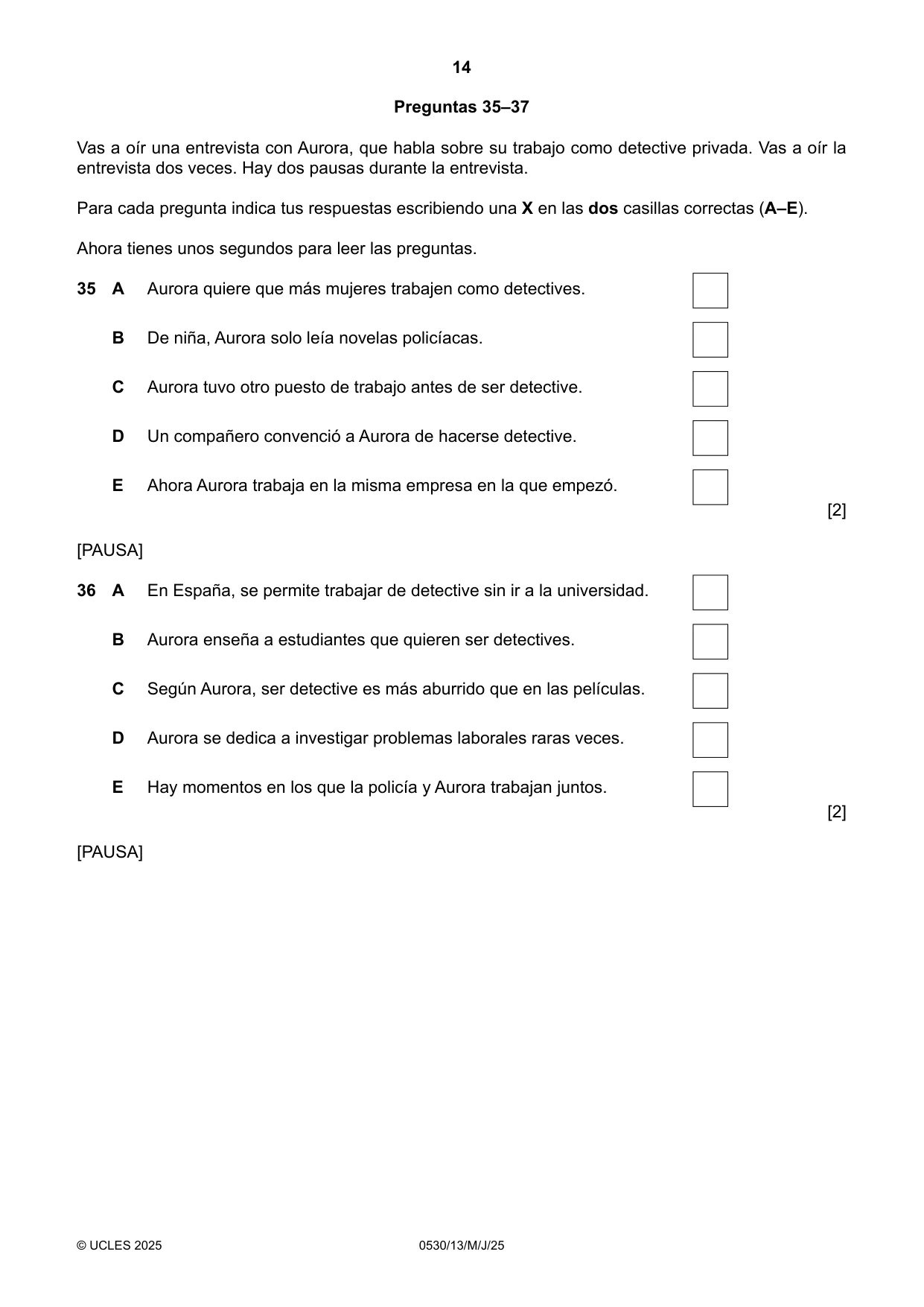 Cambridge IGCSE Spanish - Foreign Language 0530 2025 May/June Paper 1 · Variant 3 question paper, page 14 of 16