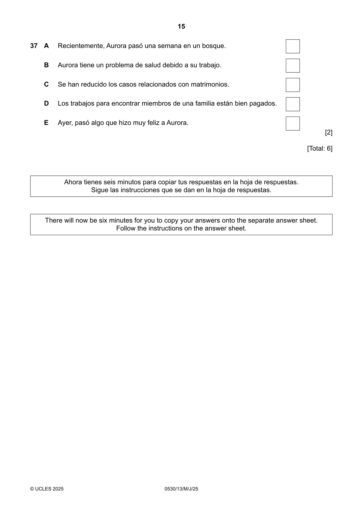 Cambridge IGCSE Spanish - Foreign Language 0530 2025 May/June Paper 1 · Variant 3 question paper, page 15 of 16