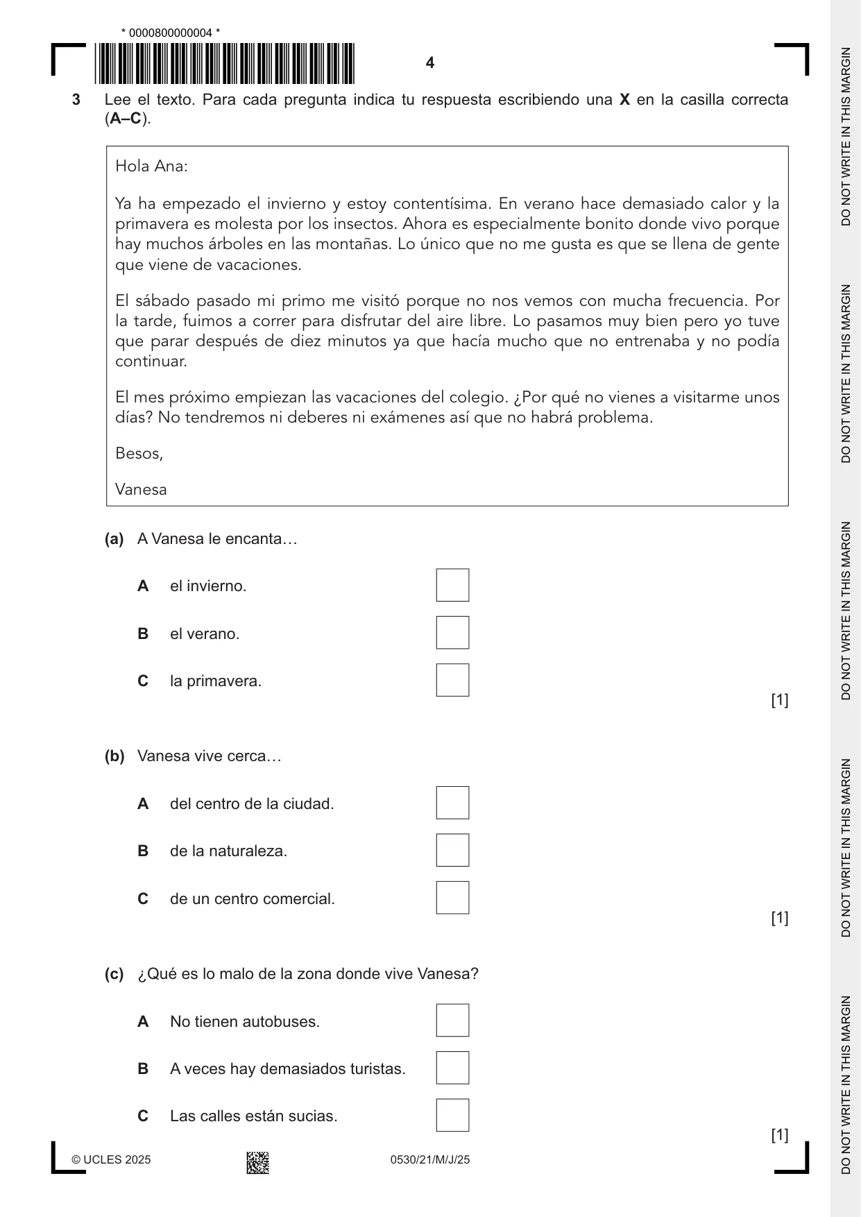 Cambridge IGCSE Spanish - Foreign Language 0530 2025 May/June Paper 2 · Variant 1 question paper, page 4 of 12