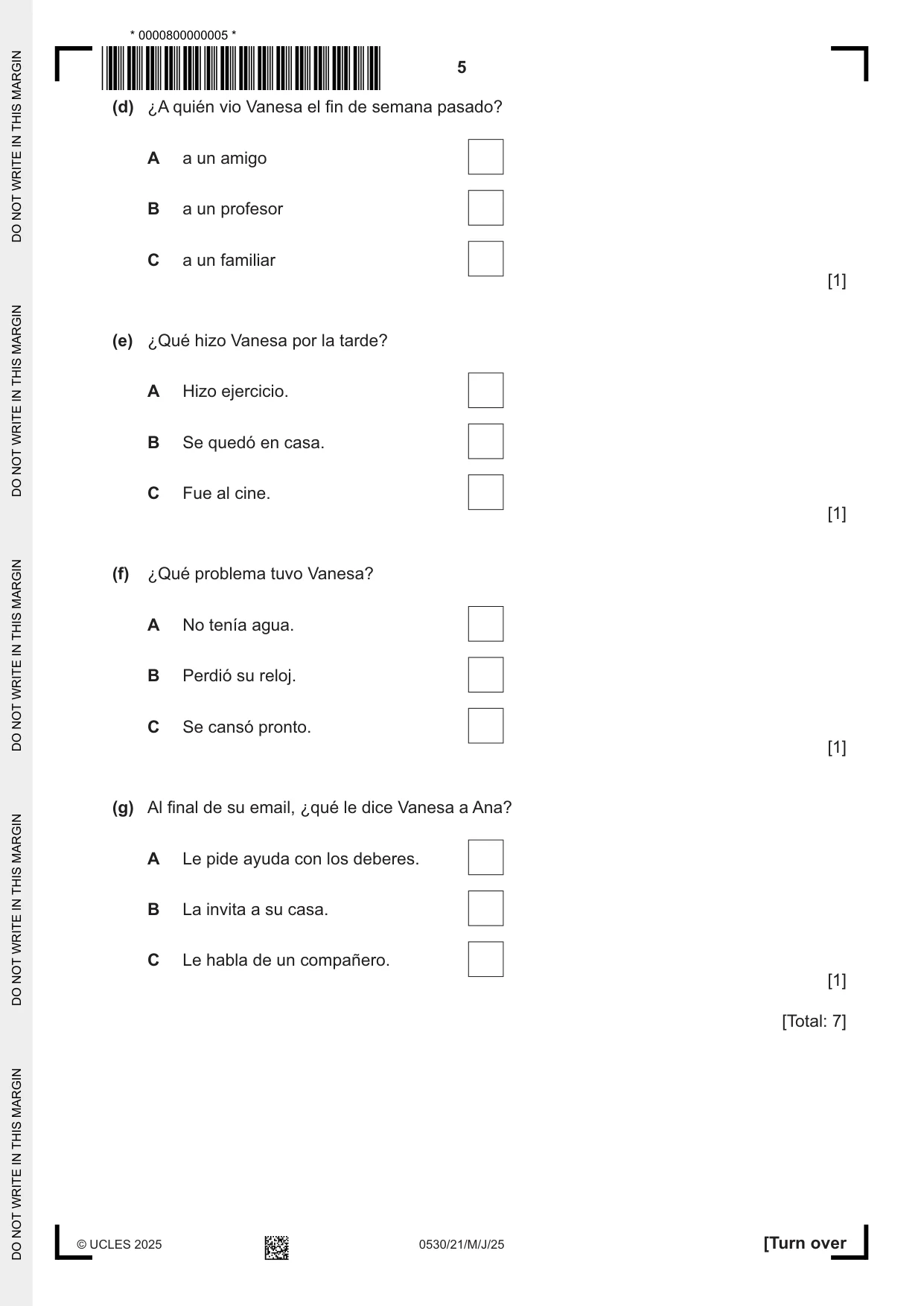 Cambridge IGCSE Spanish - Foreign Language 0530 2025 May/June Paper 2 · Variant 1 question paper, page 5 of 12