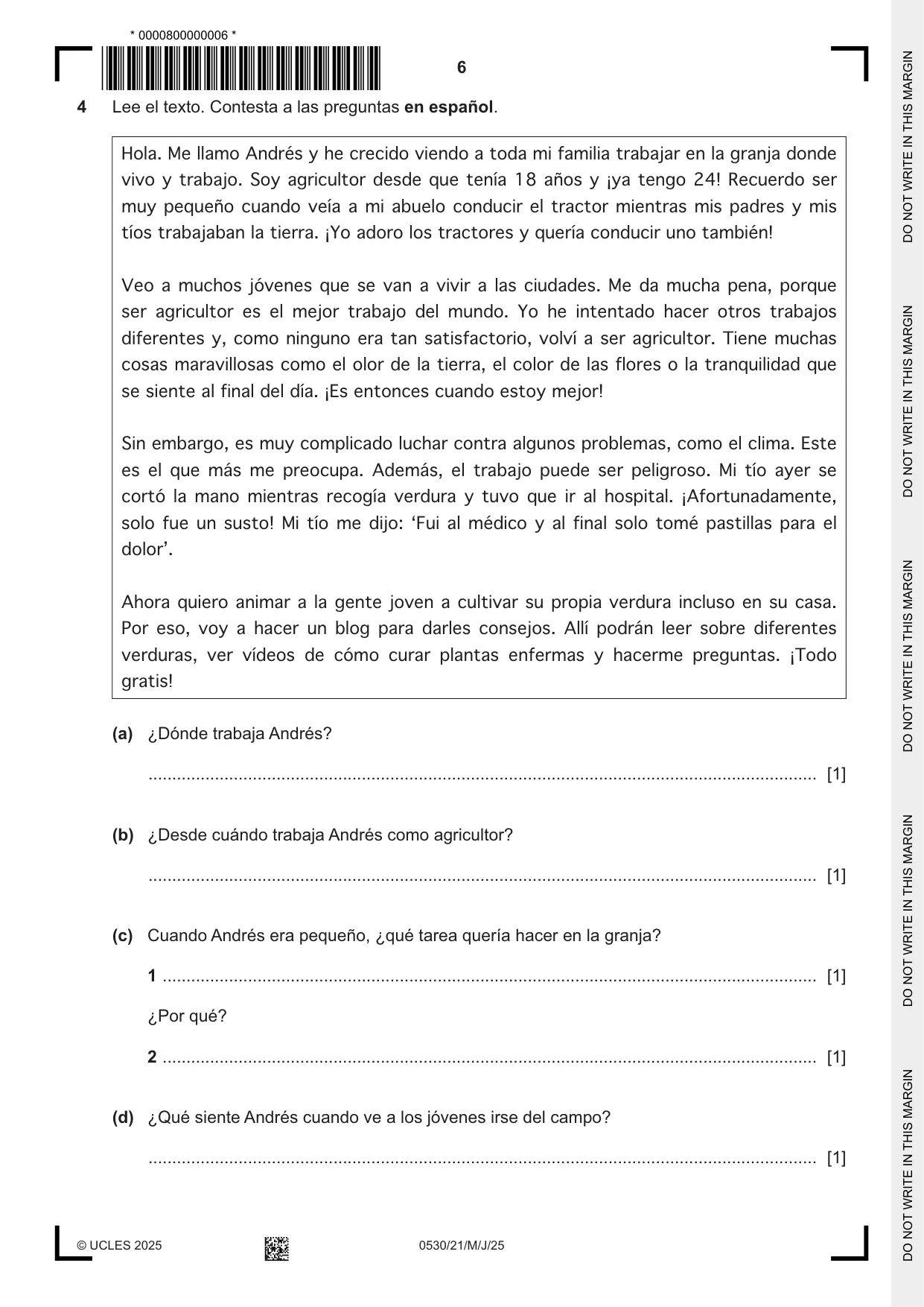 Cambridge IGCSE Spanish - Foreign Language 0530 2025 May/June Paper 2 · Variant 1 question paper, page 6 of 12