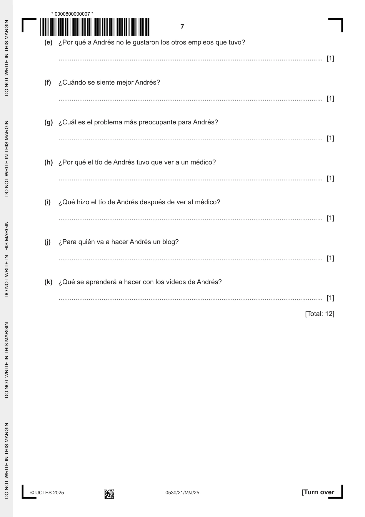 Cambridge IGCSE Spanish - Foreign Language 0530 2025 May/June Paper 2 · Variant 1 question paper, page 7 of 12