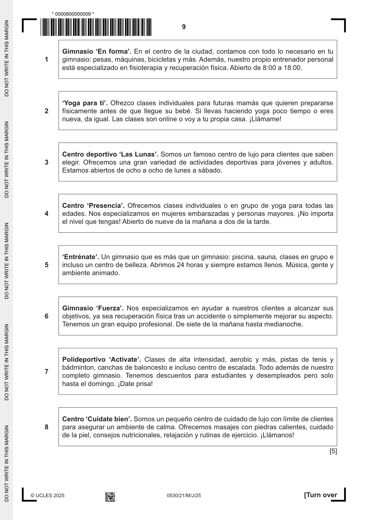 Cambridge IGCSE Spanish - Foreign Language 0530 2025 May/June Paper 2 · Variant 1 question paper, page 9 of 12