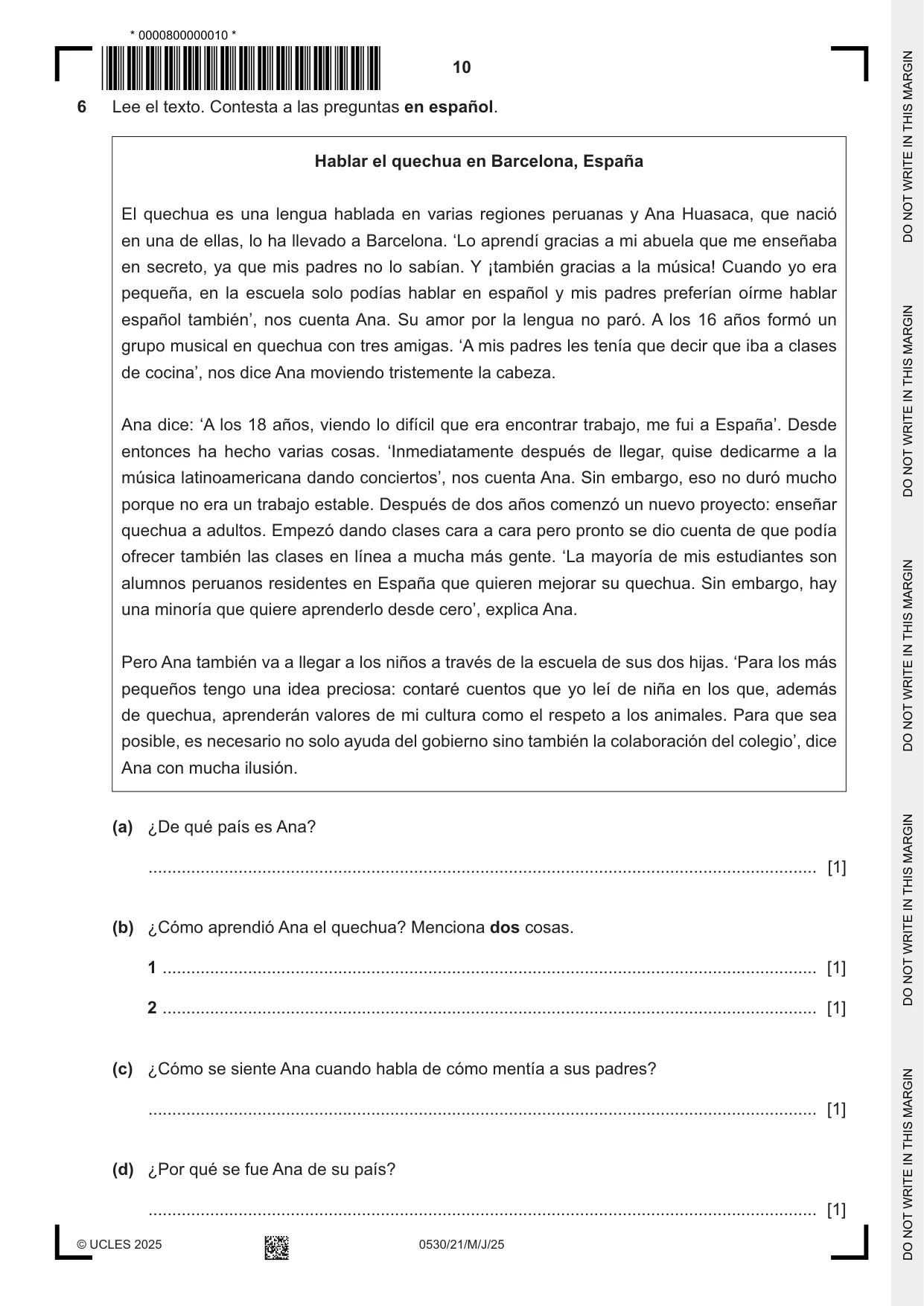 Cambridge IGCSE Spanish - Foreign Language 0530 2025 May/June Paper 2 · Variant 1 question paper, page 10 of 12