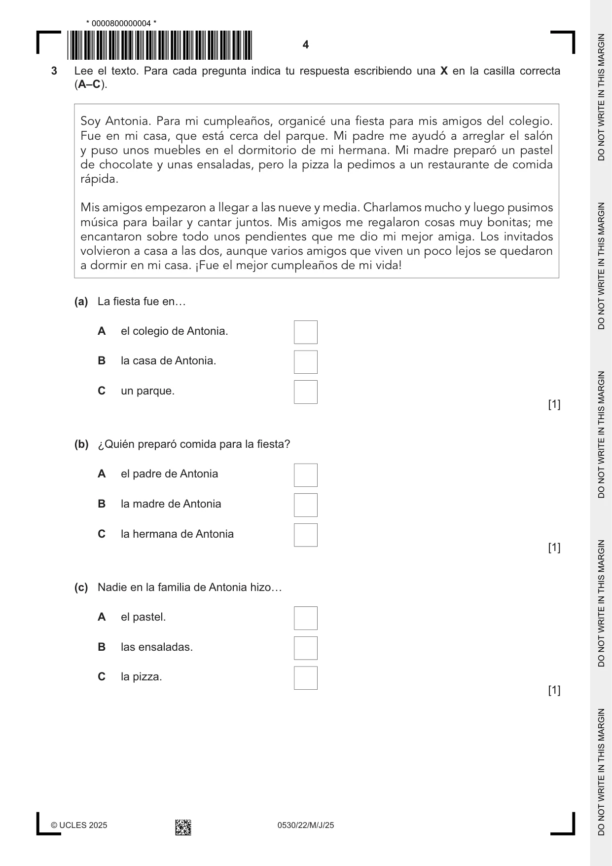 Cambridge IGCSE Spanish - Foreign Language 0530 2025 May/June Paper 2 · Variant 2 question paper, page 4 of 12
