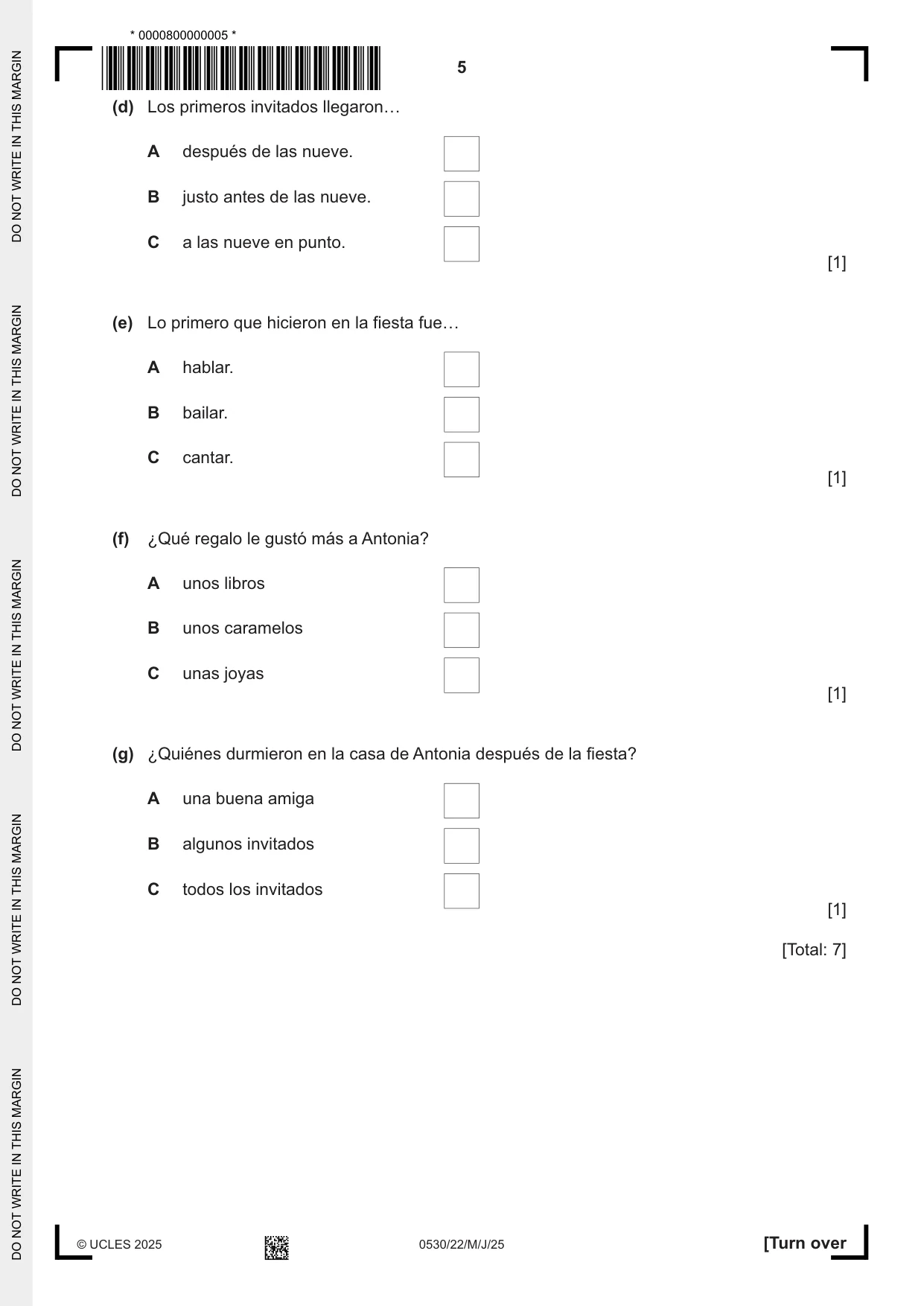 Cambridge IGCSE Spanish - Foreign Language 0530 2025 May/June Paper 2 · Variant 2 question paper, page 5 of 12