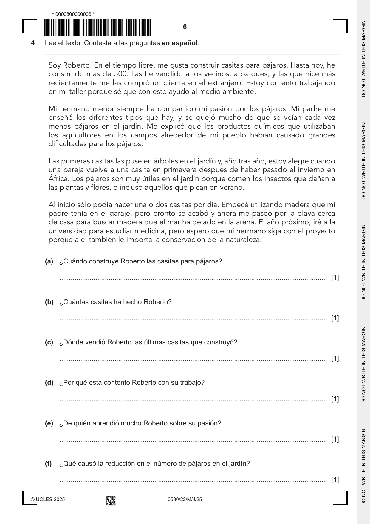 Cambridge IGCSE Spanish - Foreign Language 0530 2025 May/June Paper 2 · Variant 2 question paper, page 6 of 12