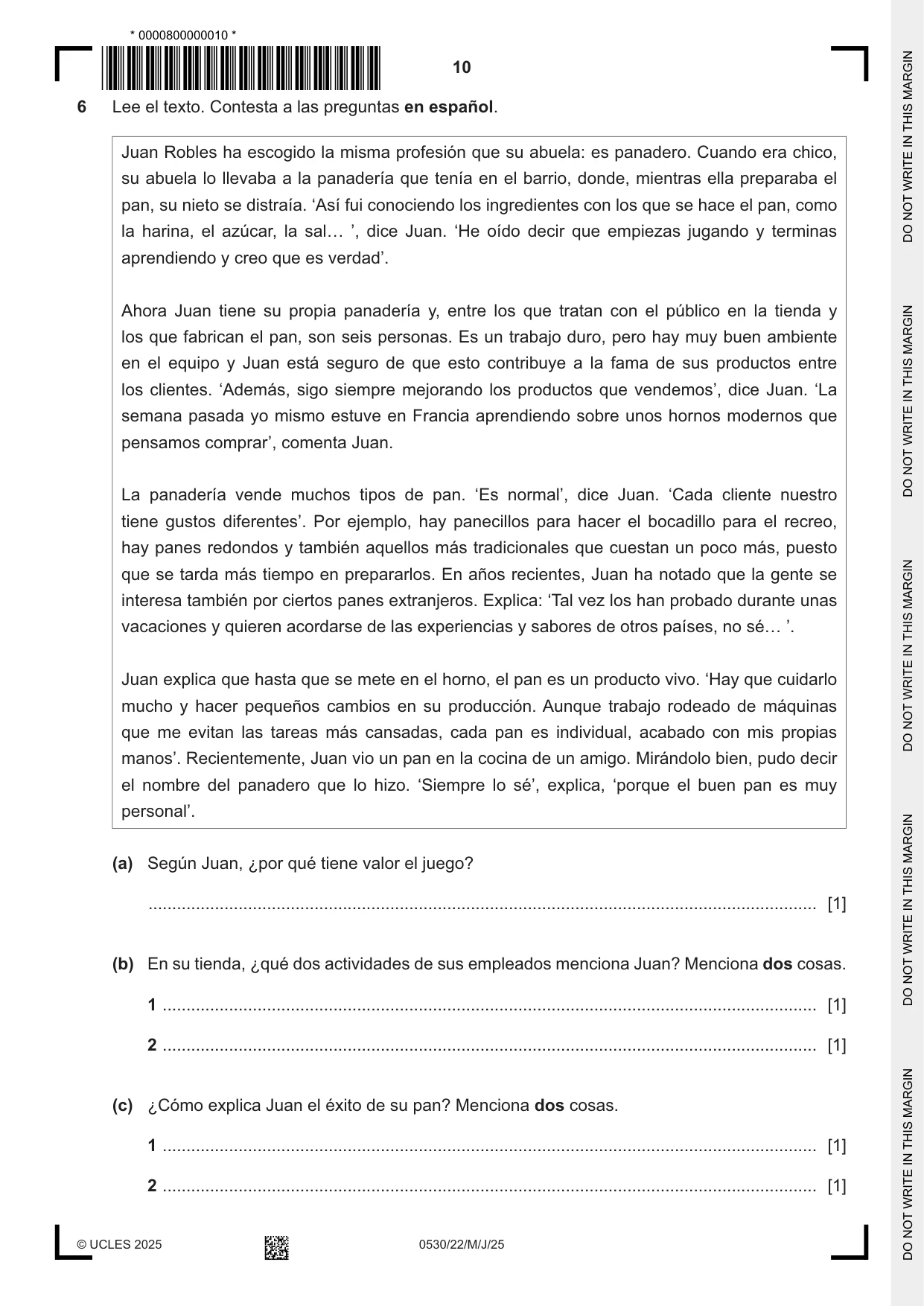 Cambridge IGCSE Spanish - Foreign Language 0530 2025 May/June Paper 2 · Variant 2 question paper, page 10 of 12