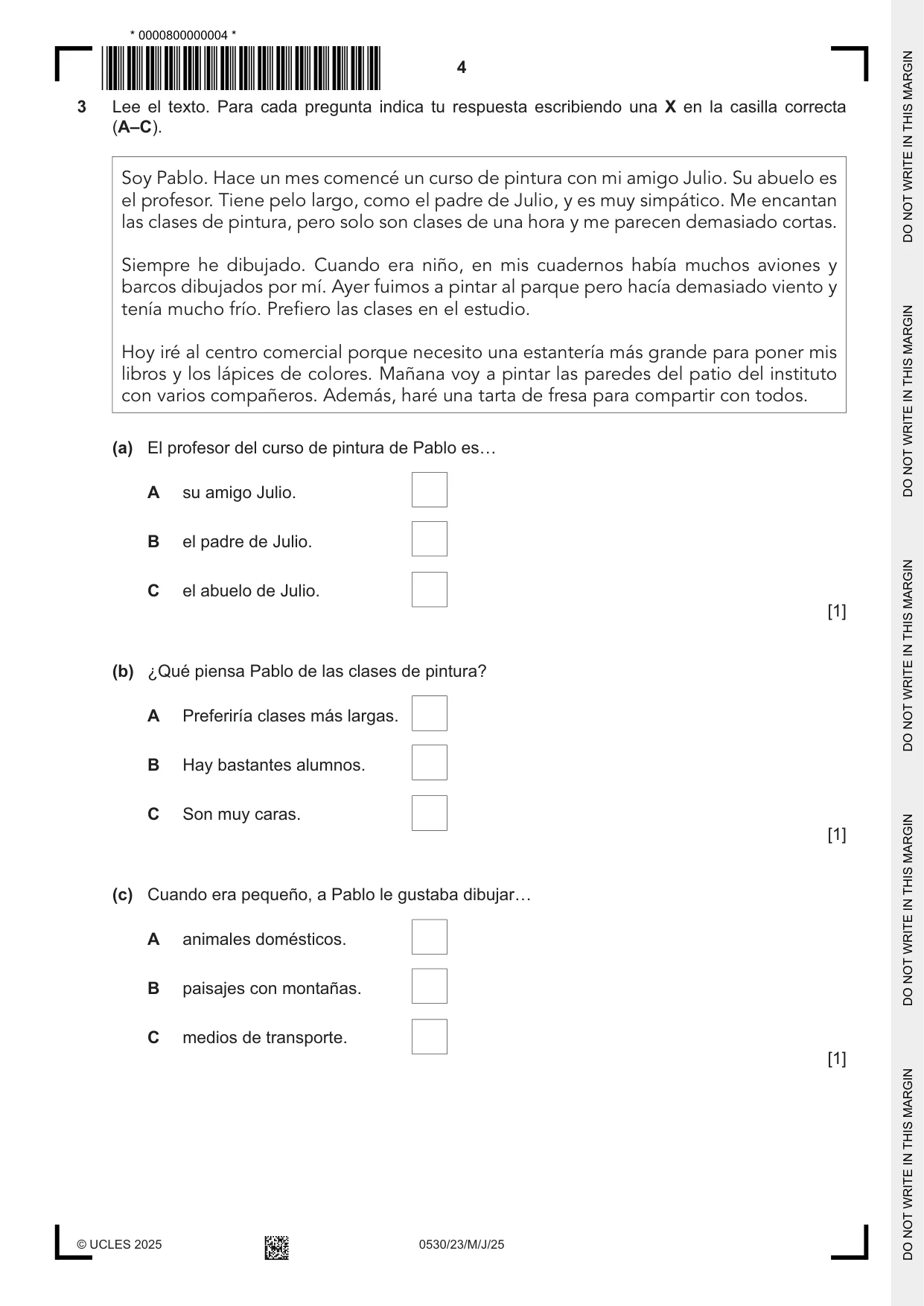 Cambridge IGCSE Spanish - Foreign Language 0530 2025 May/June Paper 2 · Variant 3 question paper, page 4 of 12