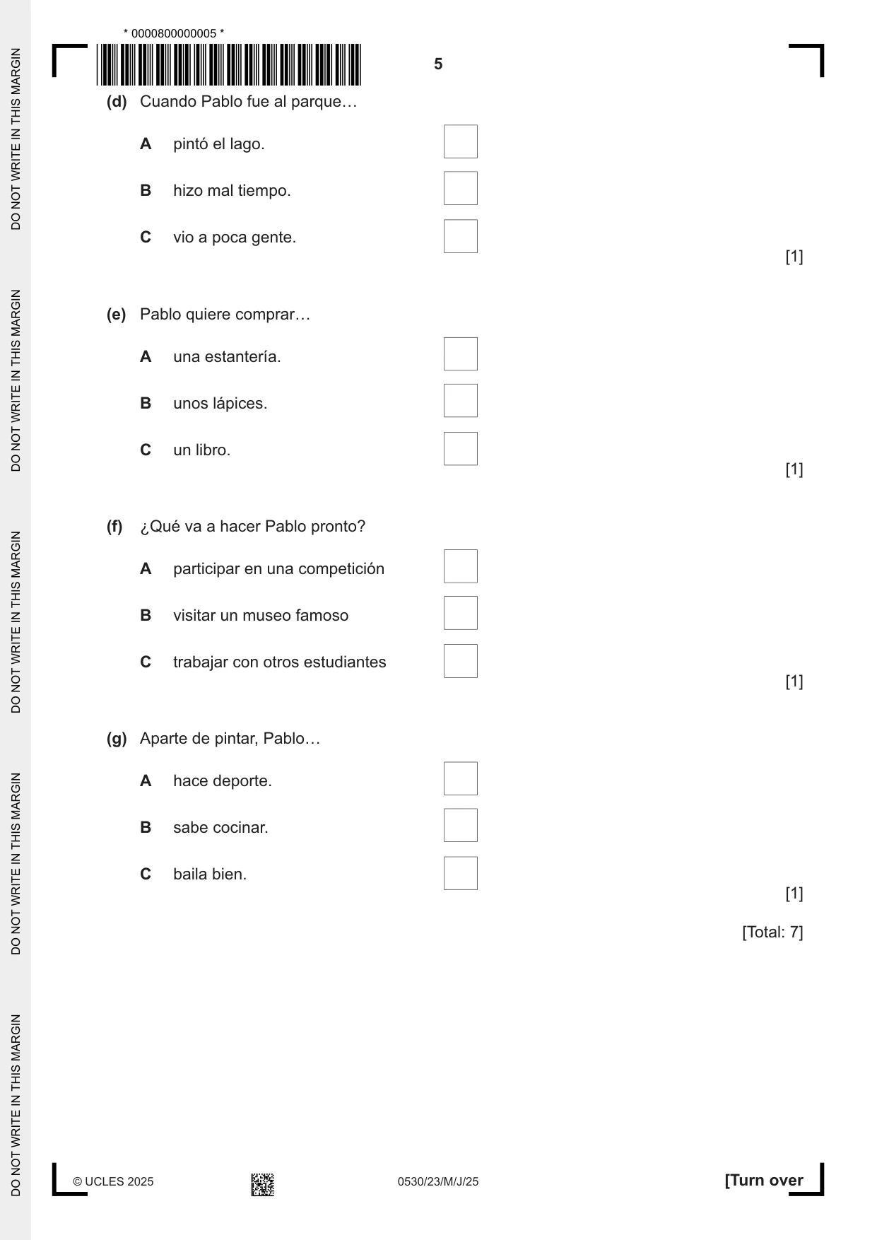 Cambridge IGCSE Spanish - Foreign Language 0530 2025 May/June Paper 2 · Variant 3 question paper, page 5 of 12