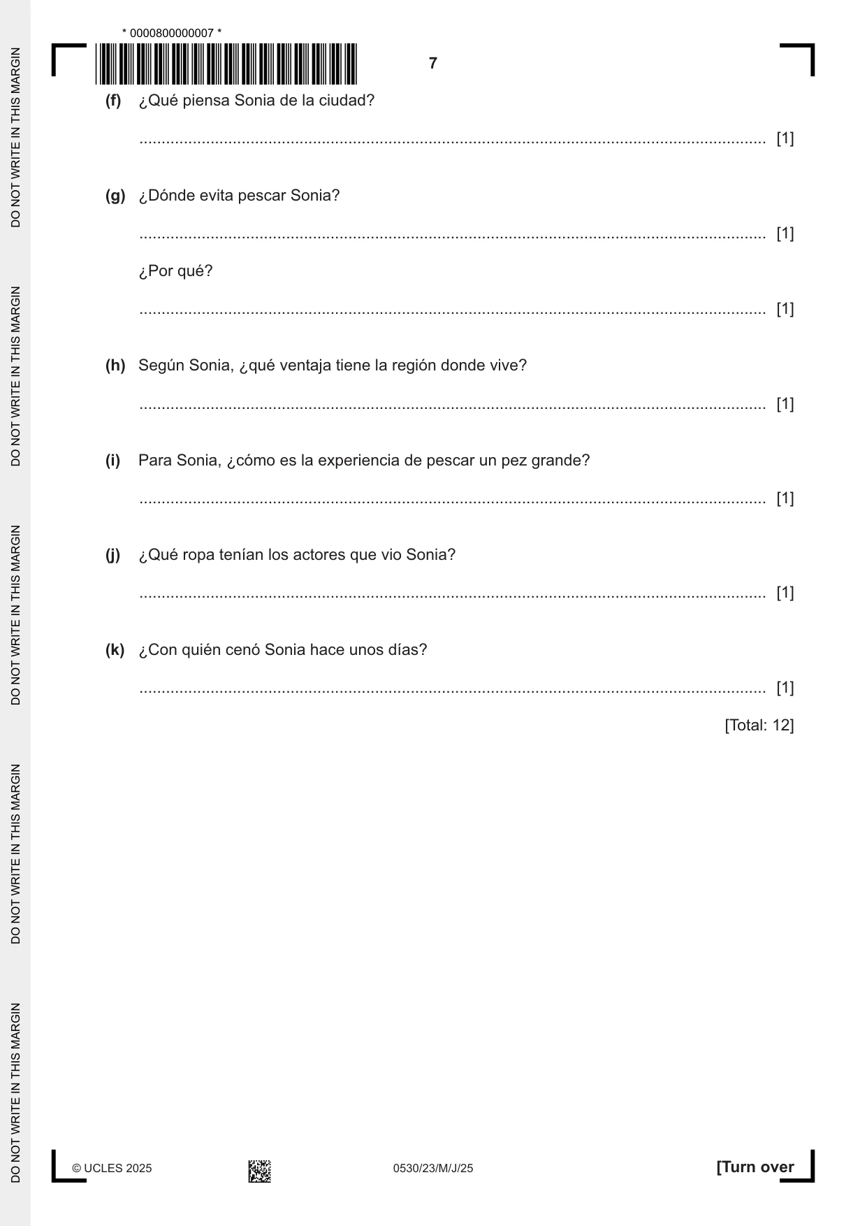 Cambridge IGCSE Spanish - Foreign Language 0530 2025 May/June Paper 2 · Variant 3 question paper, page 7 of 12