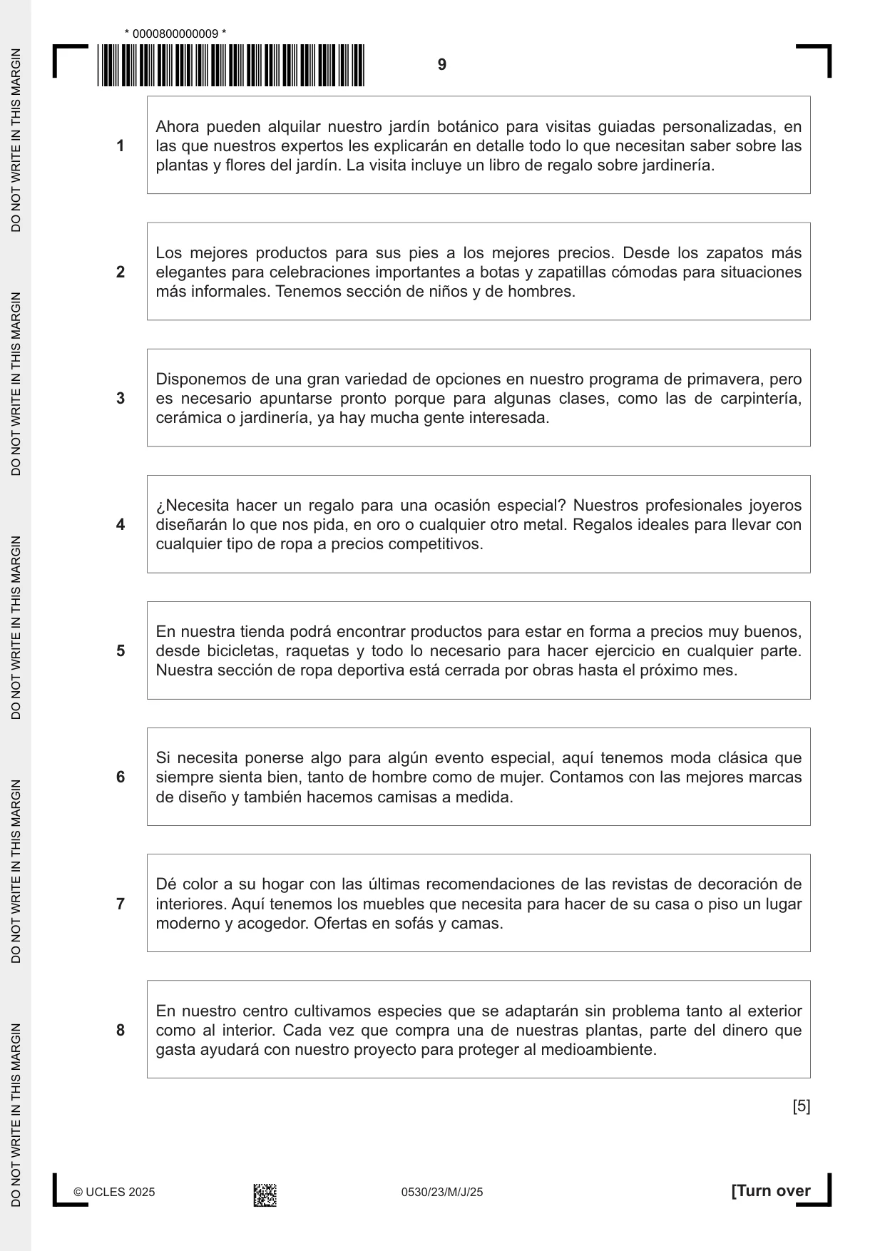 Cambridge IGCSE Spanish - Foreign Language 0530 2025 May/June Paper 2 · Variant 3 question paper, page 9 of 12