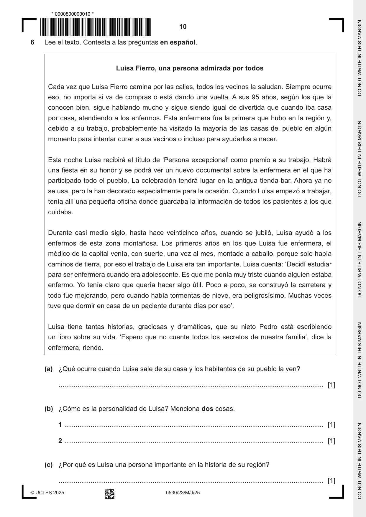 Cambridge IGCSE Spanish - Foreign Language 0530 2025 May/June Paper 2 · Variant 3 question paper, page 10 of 12