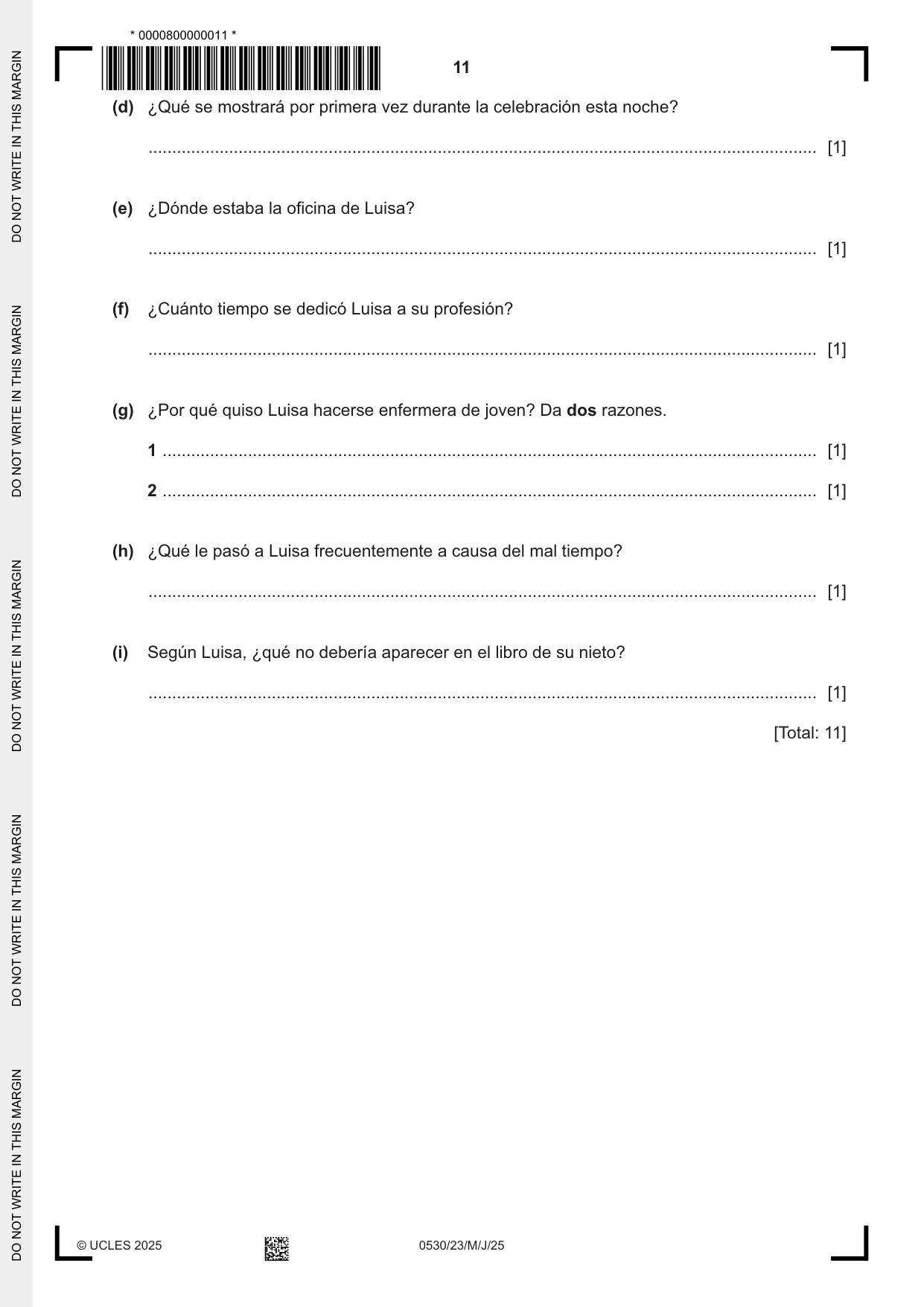 Cambridge IGCSE Spanish - Foreign Language 0530 2025 May/June Paper 2 · Variant 3 question paper, page 11 of 12