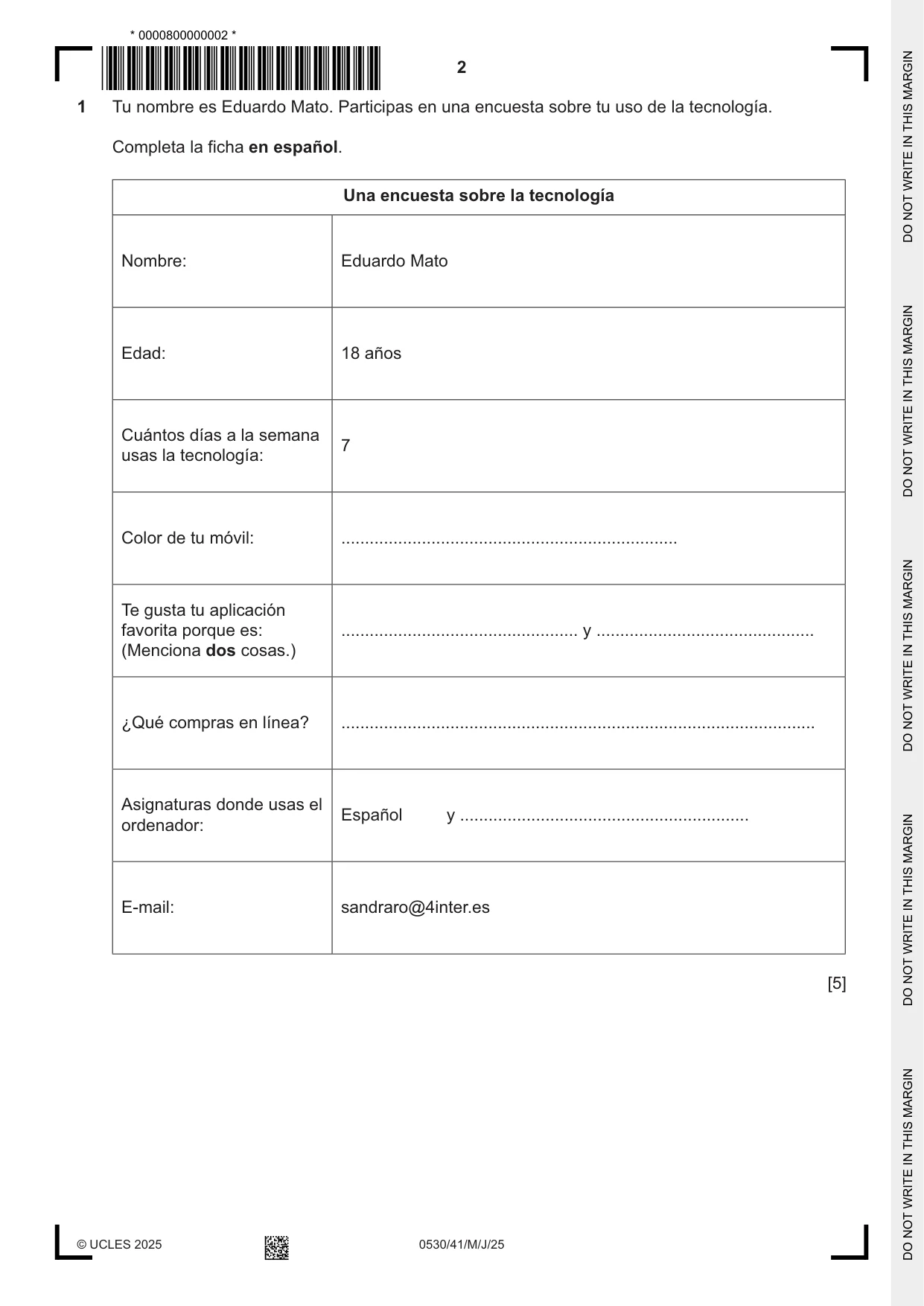 Cambridge IGCSE Spanish - Foreign Language 0530 2025 May/June Paper 4 · Variant 1 question paper, page 2 of 8