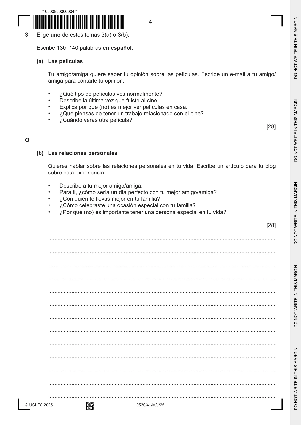 Cambridge IGCSE Spanish - Foreign Language 0530 2025 May/June Paper 4 · Variant 1 question paper, page 4 of 8