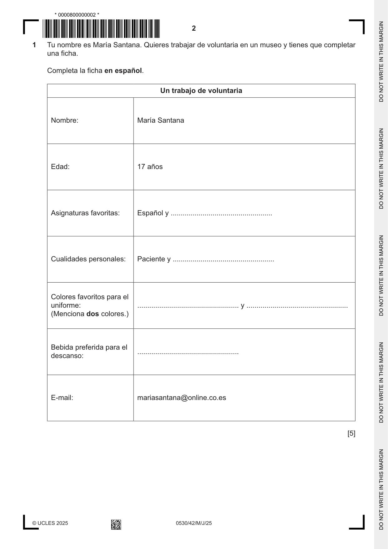 Cambridge IGCSE Spanish - Foreign Language 0530 2025 May/June Paper 4 · Variant 2 question paper, page 2 of 8