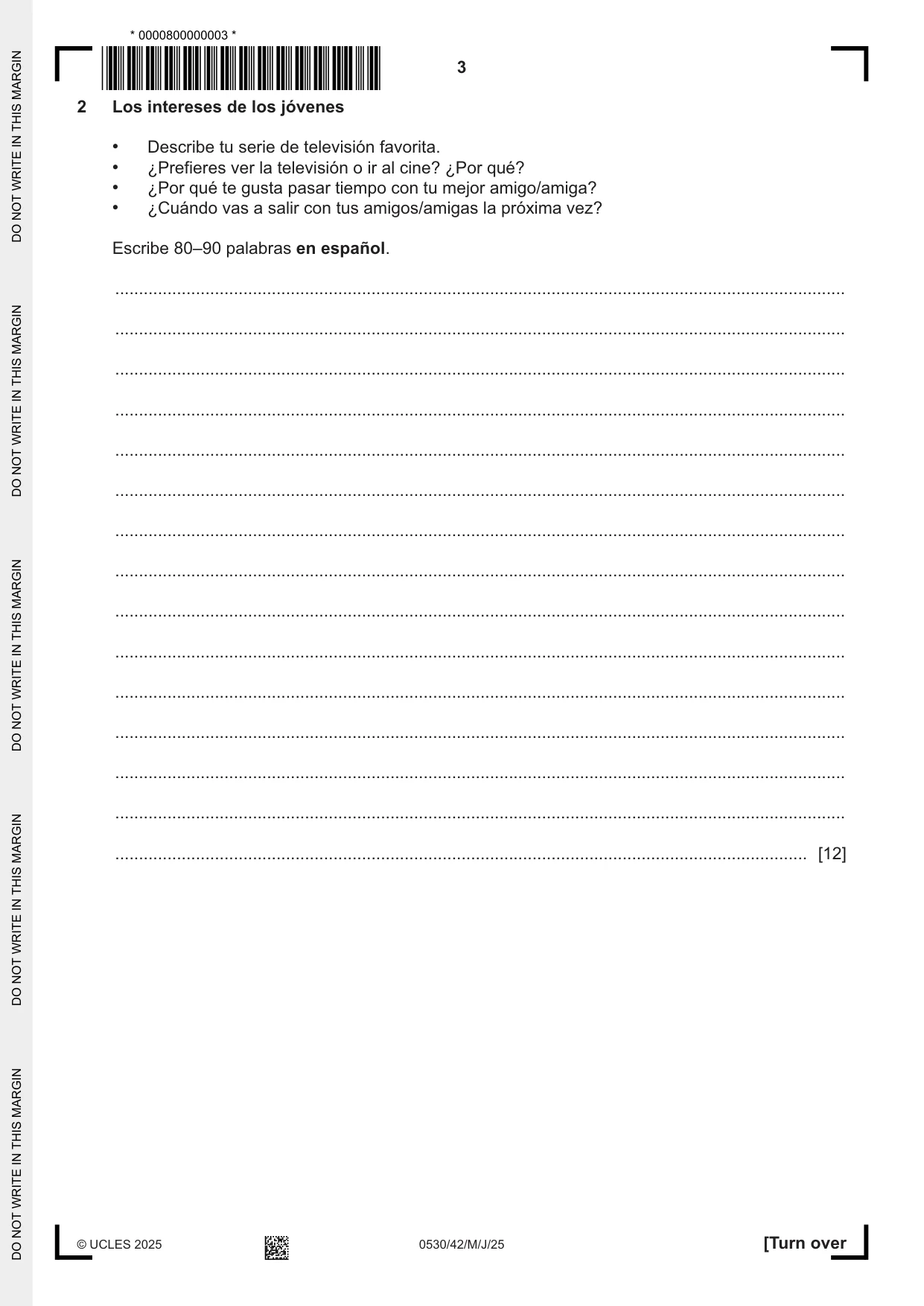 Cambridge IGCSE Spanish - Foreign Language 0530 2025 May/June Paper 4 · Variant 2 question paper, page 3 of 8