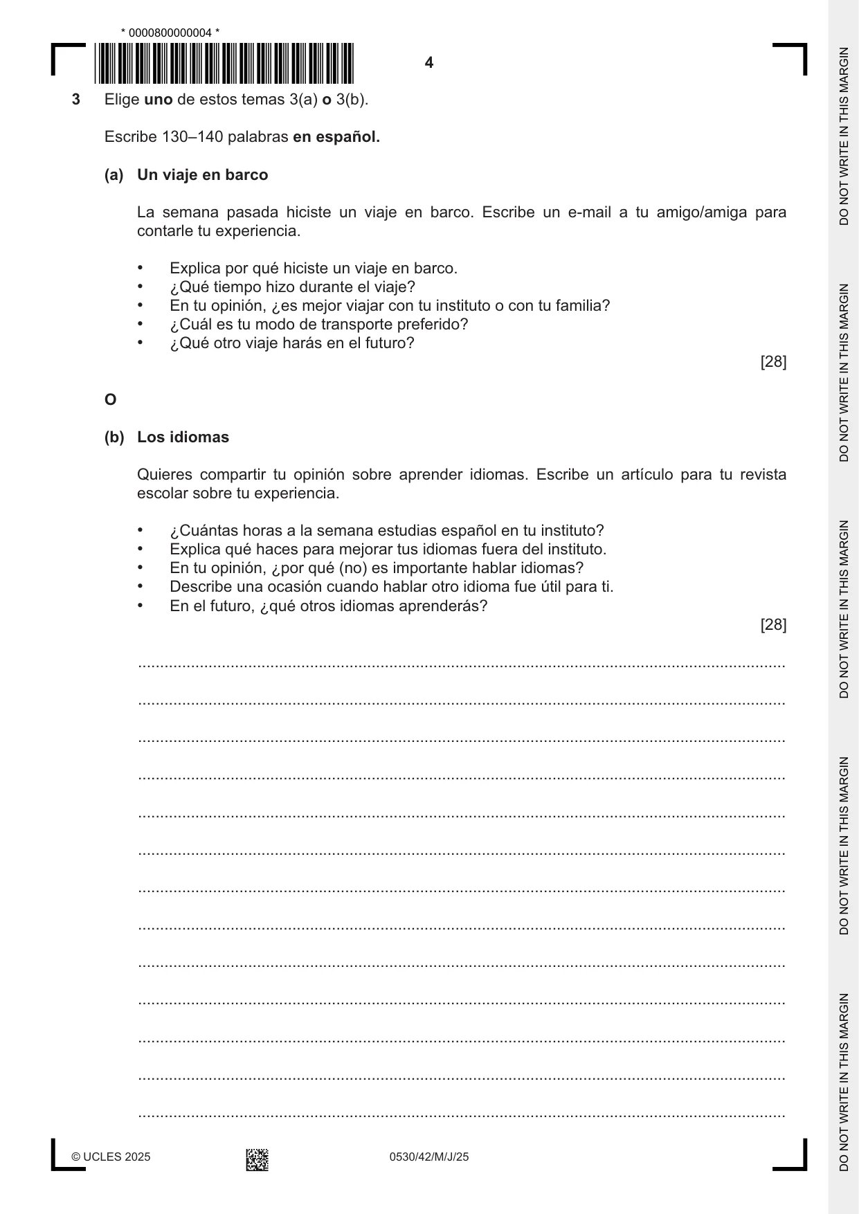 Cambridge IGCSE Spanish - Foreign Language 0530 2025 May/June Paper 4 · Variant 2 question paper, page 4 of 8