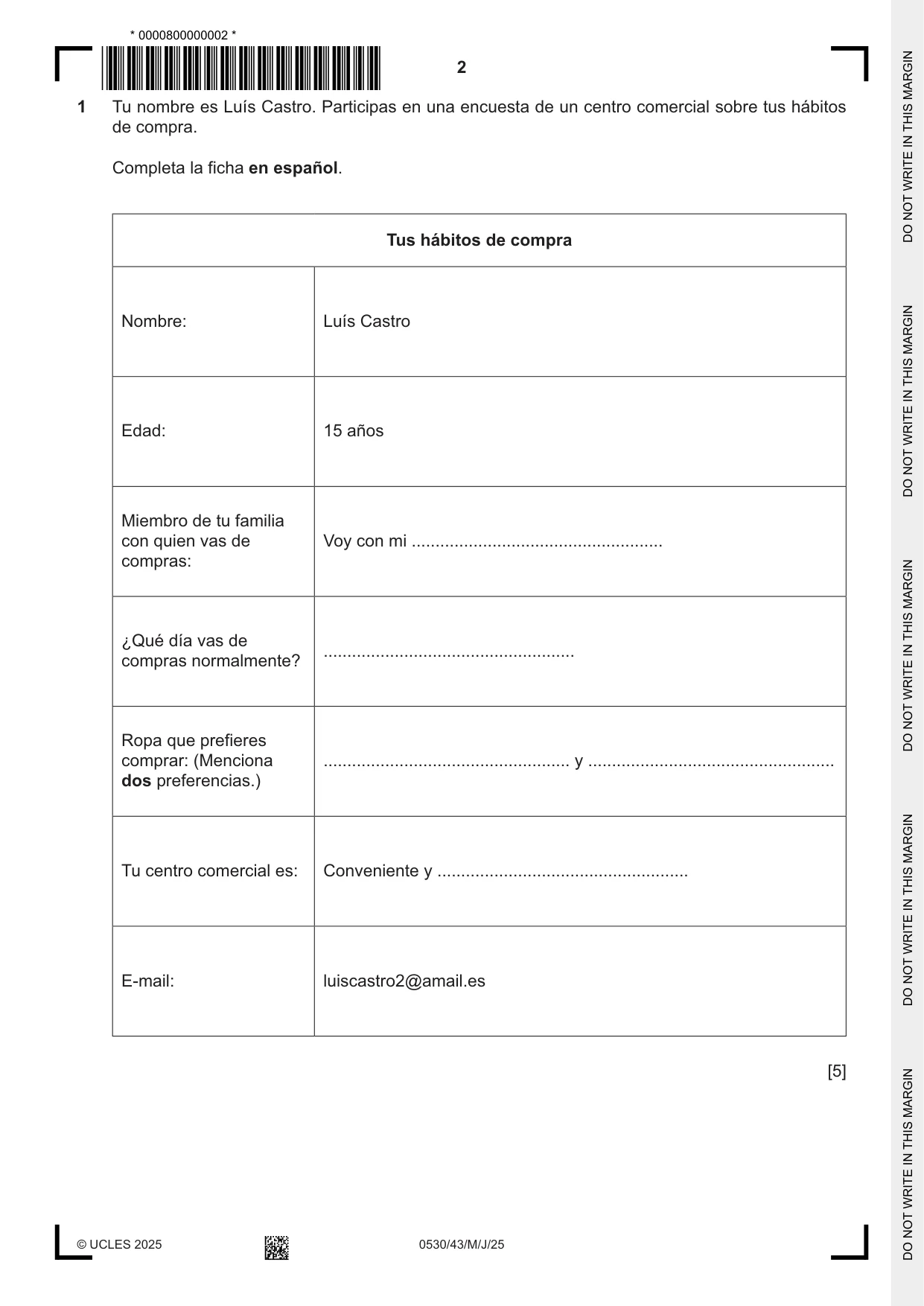 Cambridge IGCSE Spanish - Foreign Language 0530 2025 May/June Paper 4 · Variant 3 question paper, page 2 of 8