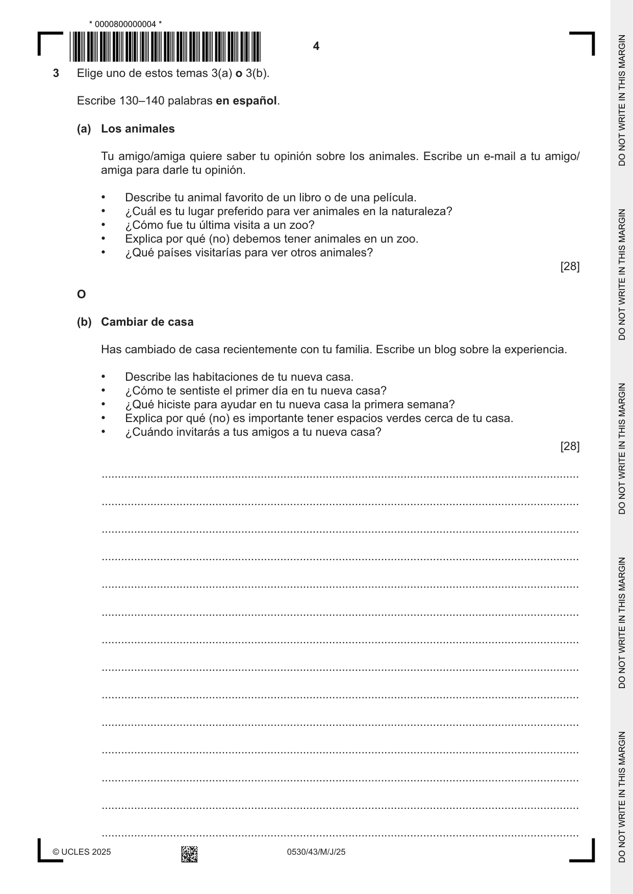 Cambridge IGCSE Spanish - Foreign Language 0530 2025 May/June Paper 4 · Variant 3 question paper, page 4 of 8