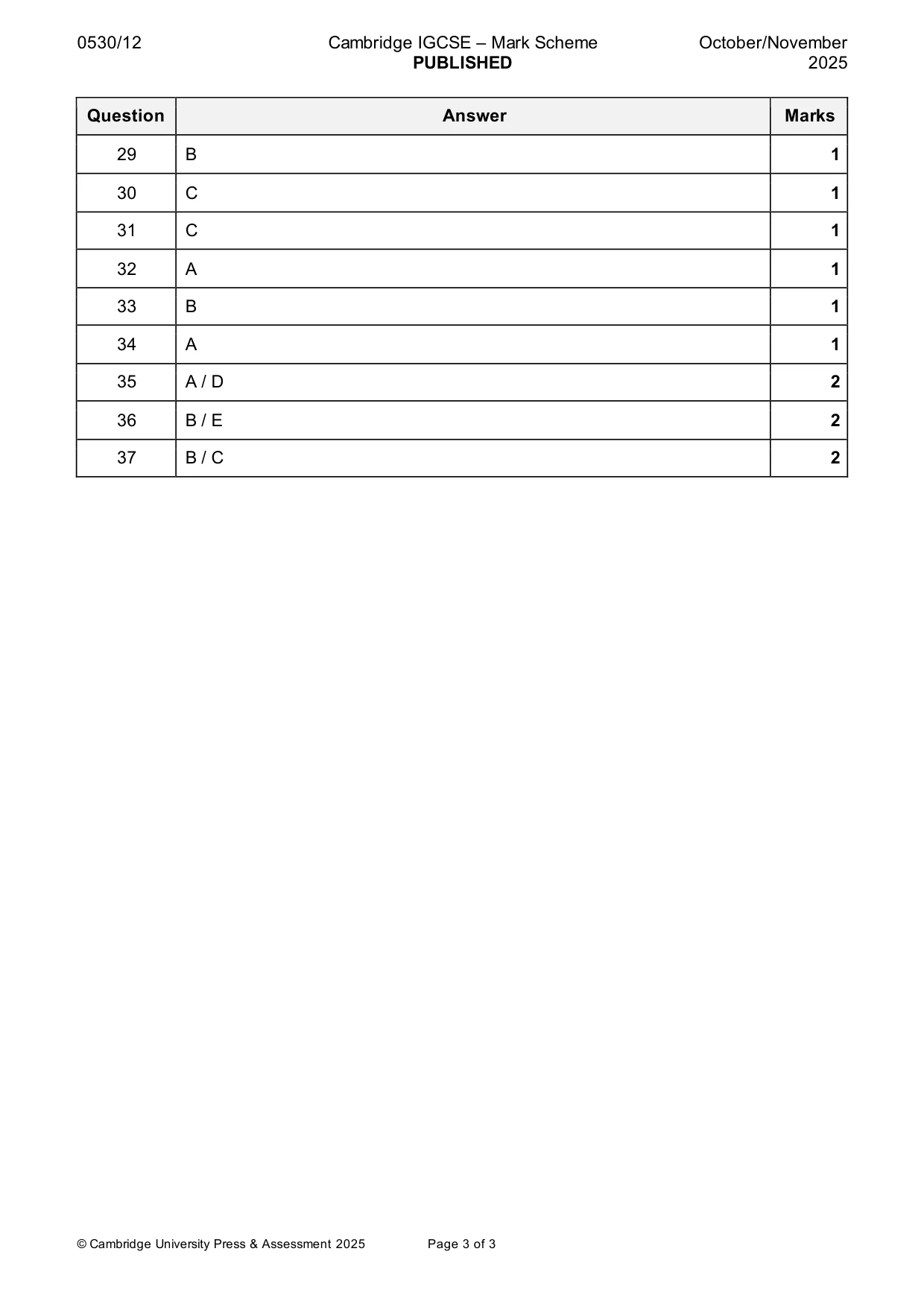 Mark scheme, page 3 of 3