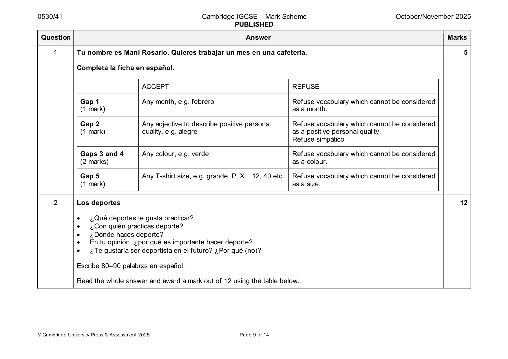 Mark scheme, page 9 of 14