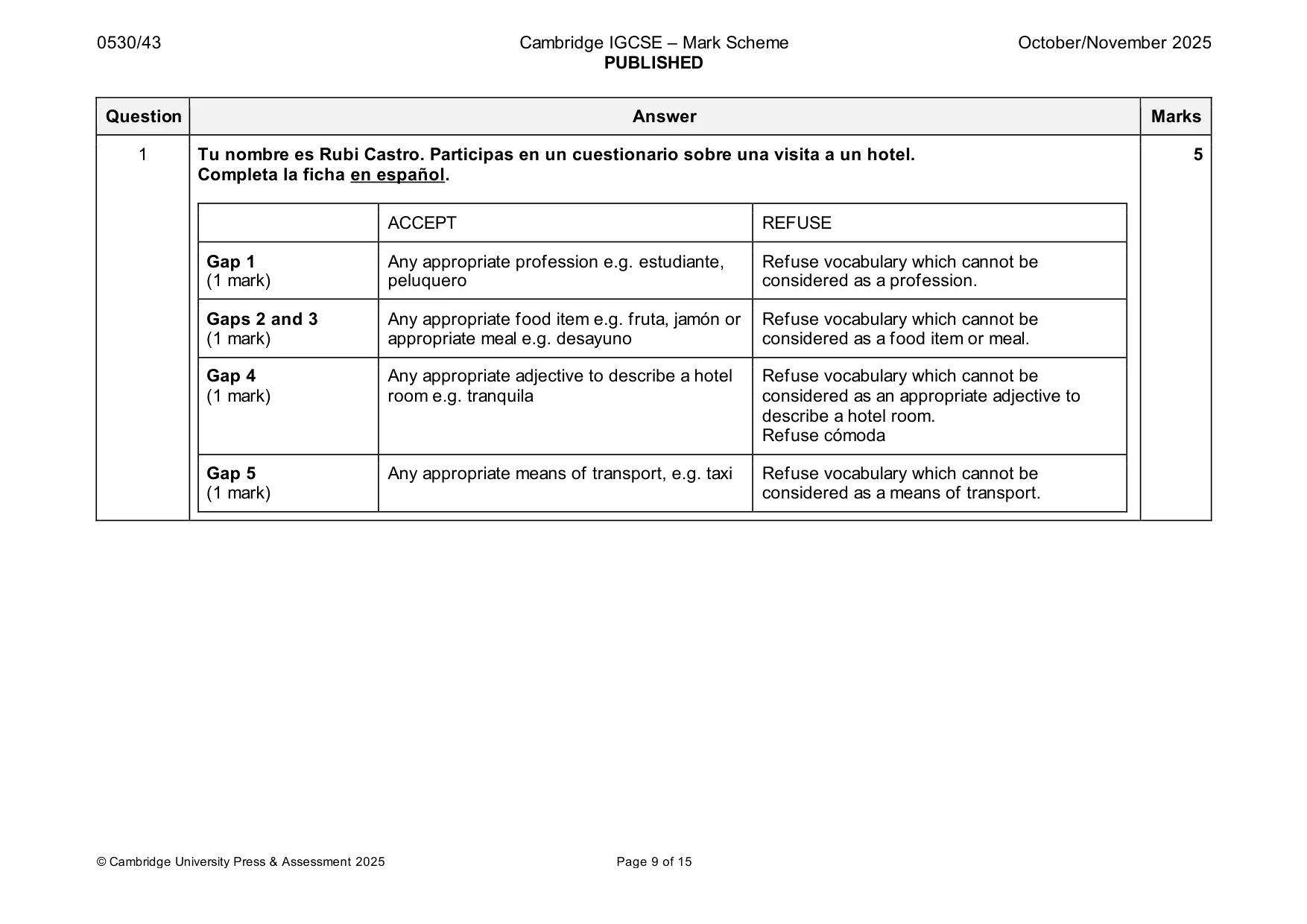 Mark scheme, page 9 of 15