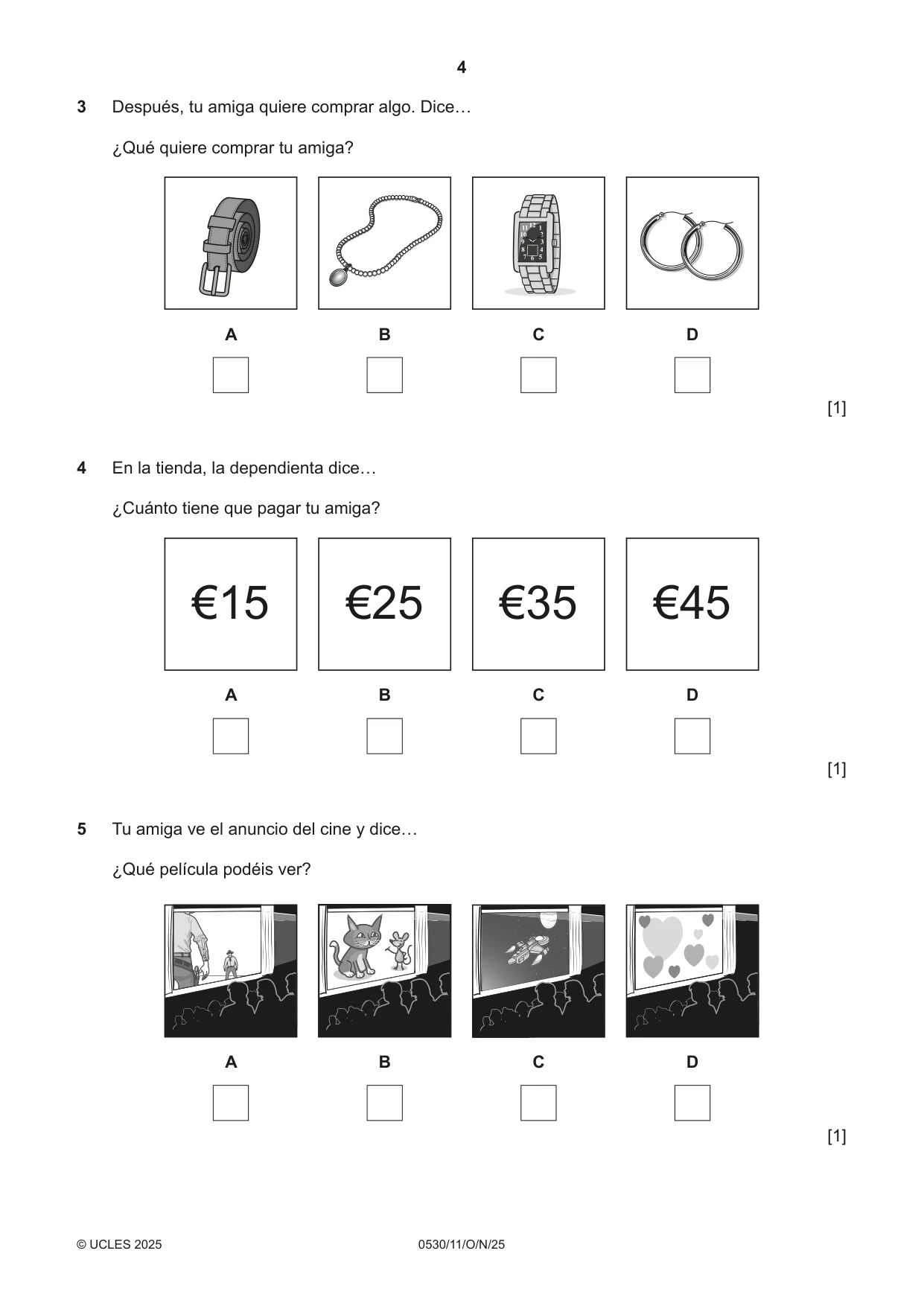 Cambridge IGCSE Spanish - Foreign Language 0530 2025 Oct/Nov Paper 1 · Variant 1 question paper, page 4 of 16