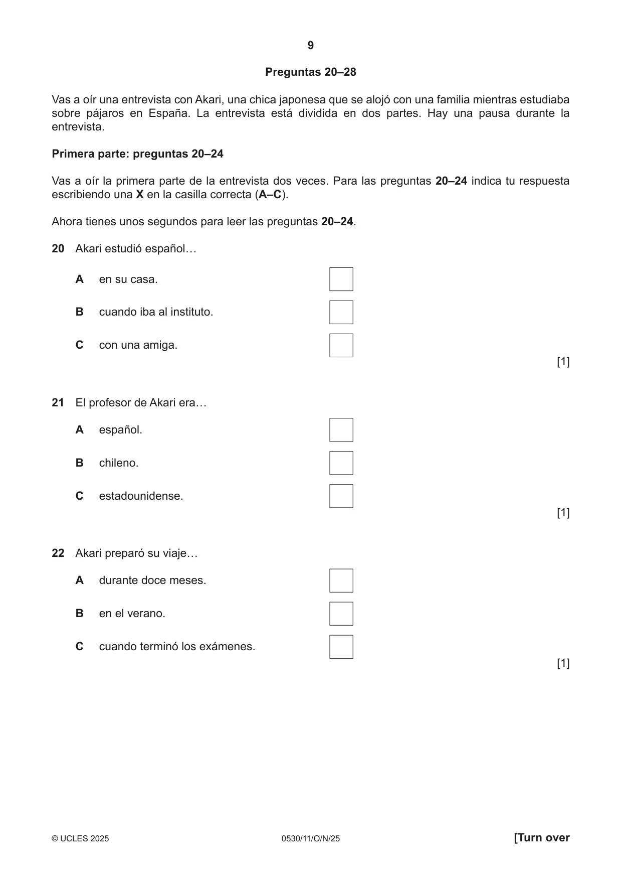Cambridge IGCSE Spanish - Foreign Language 0530 2025 Oct/Nov Paper 1 · Variant 1 question paper, page 9 of 16