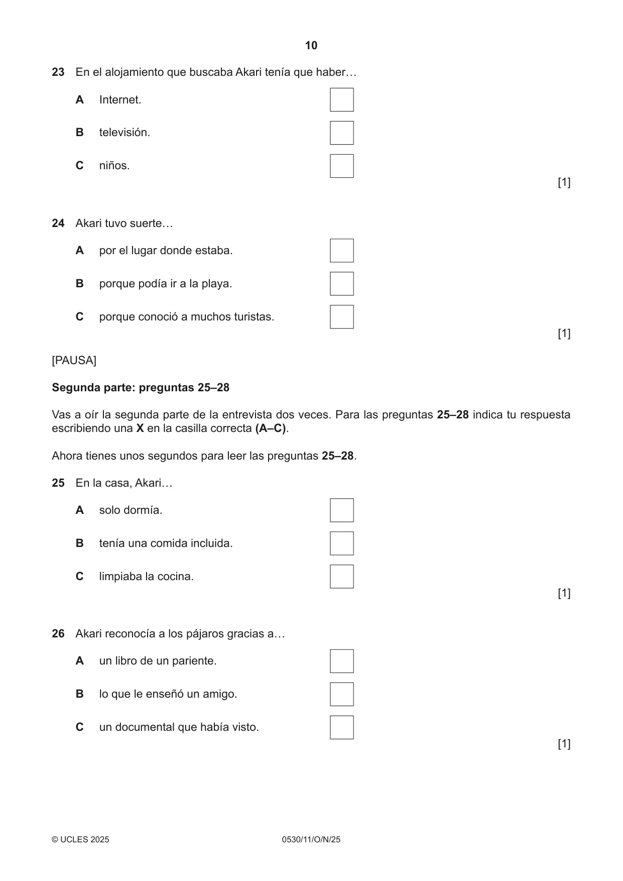 Cambridge IGCSE Spanish - Foreign Language 0530 2025 Oct/Nov Paper 1 · Variant 1 question paper, page 10 of 16