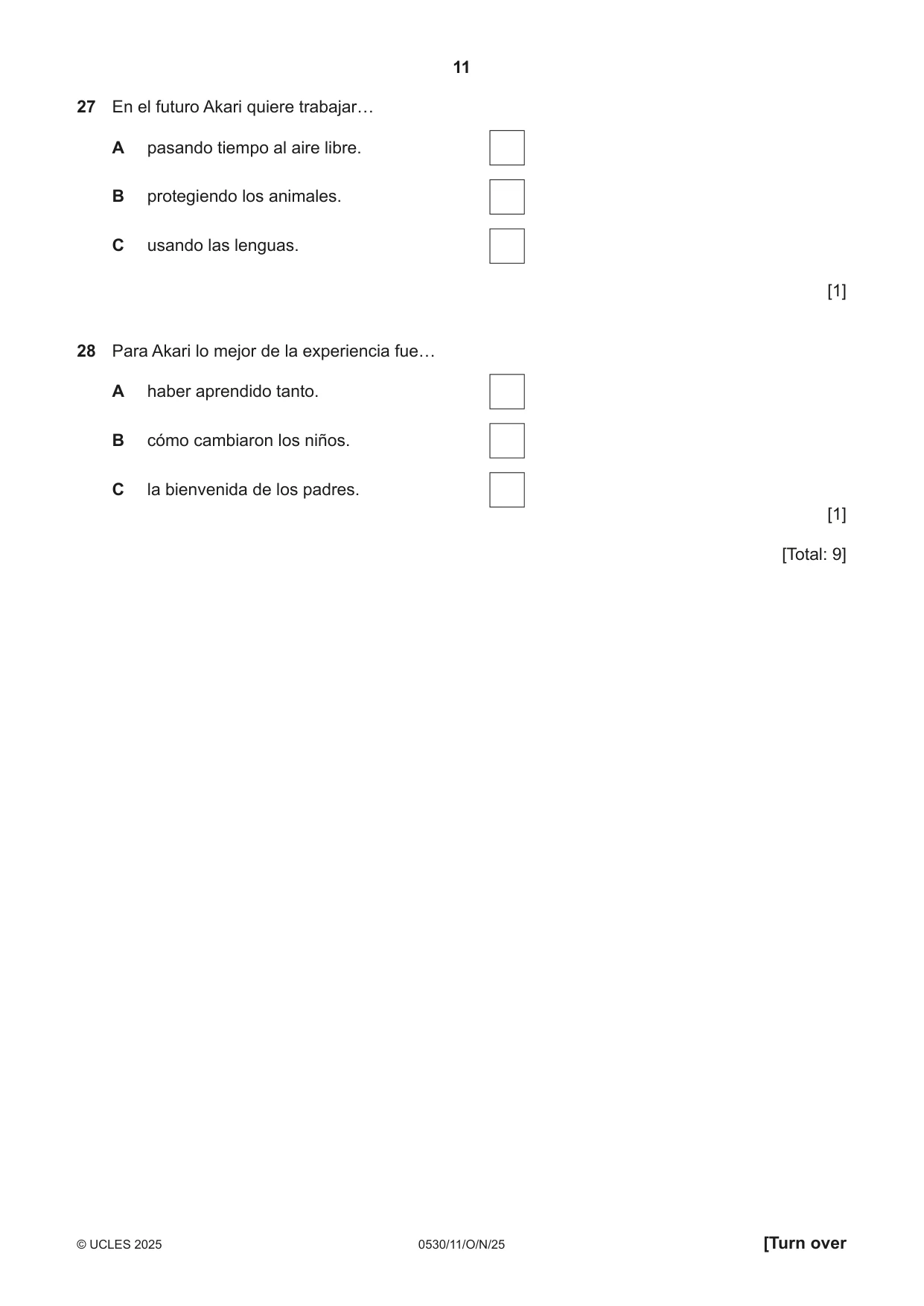 Cambridge IGCSE Spanish - Foreign Language 0530 2025 Oct/Nov Paper 1 · Variant 1 question paper, page 11 of 16