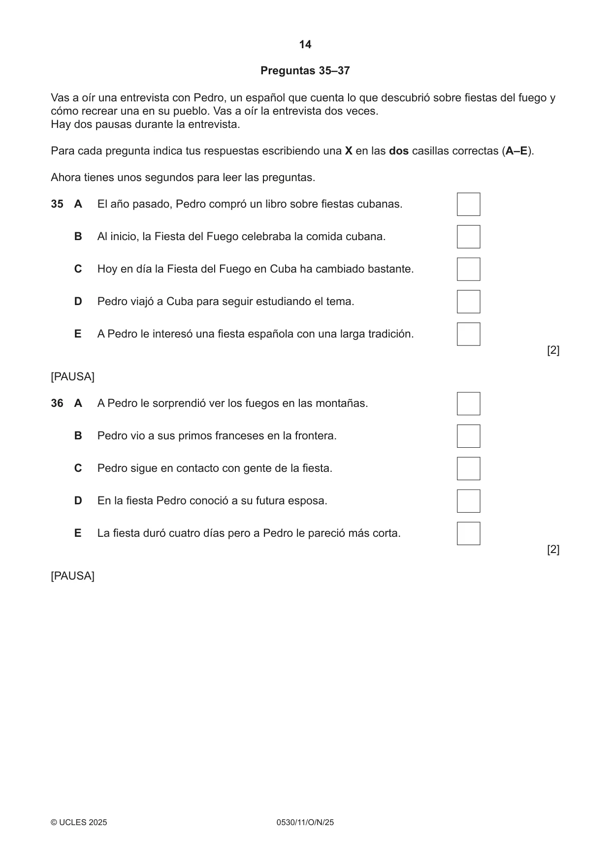 Cambridge IGCSE Spanish - Foreign Language 0530 2025 Oct/Nov Paper 1 · Variant 1 question paper, page 14 of 16